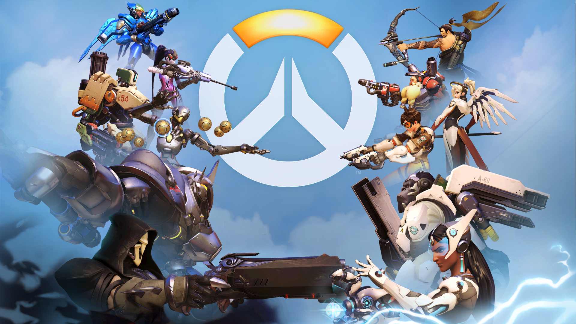 Overwatch characters in front of the Overwatch logo HD Wallpaper