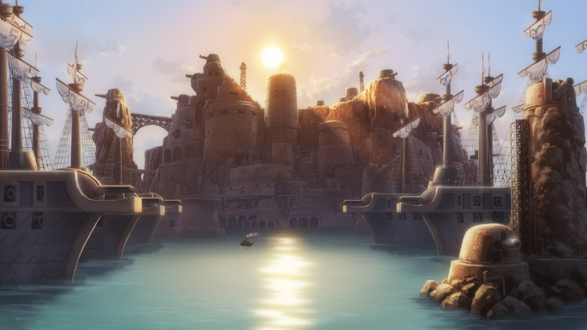 Anime cityscape with ships and sun over water HD Wallpaper