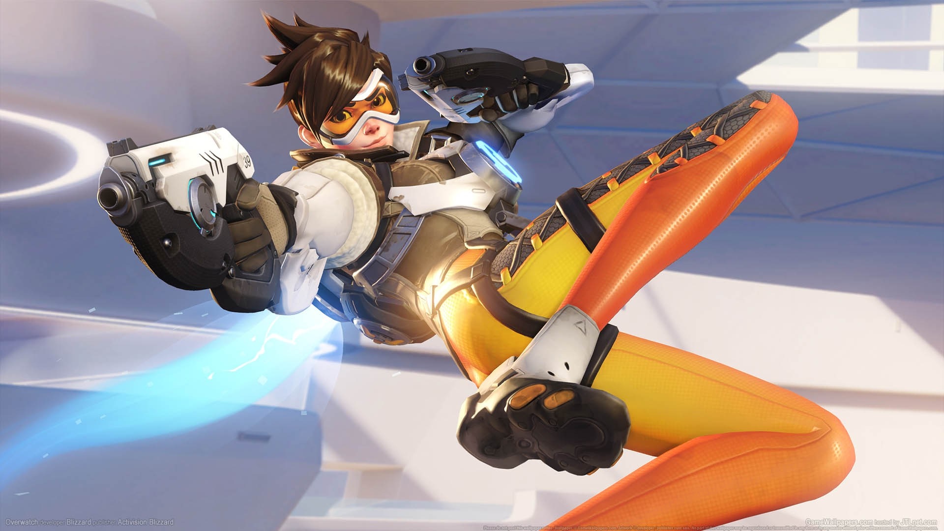 Tracer from Overwatch holding guns HD Wallpaper