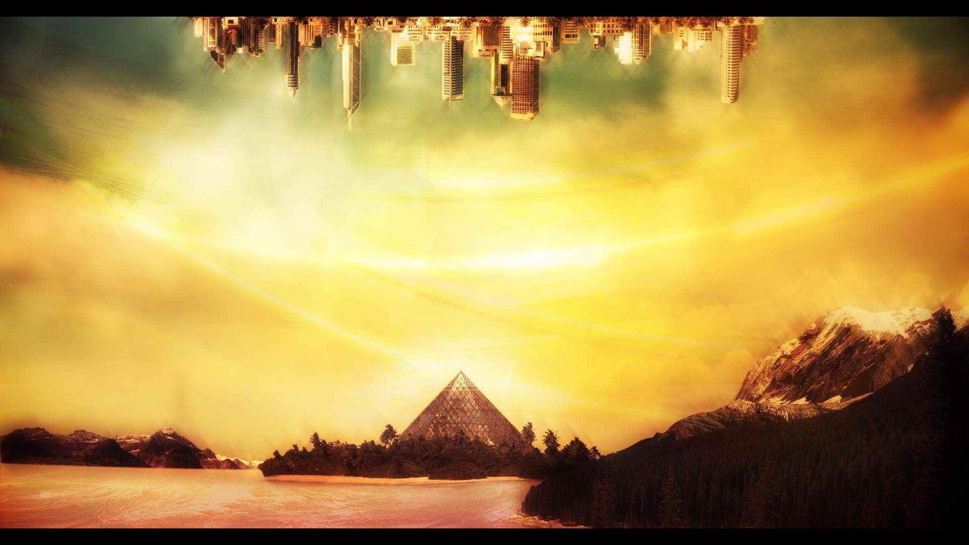 Upside down city over a pyramid and mountains HD Wallpaper