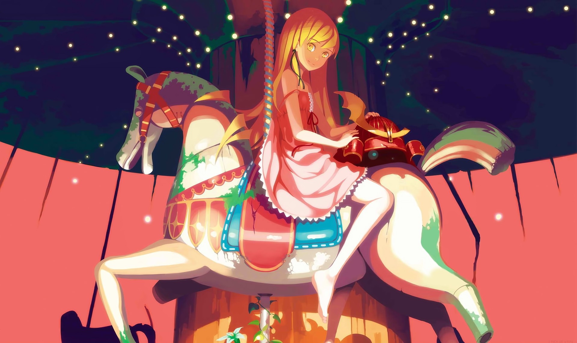 Oshino Shinobu from Monogatari Series on a carousel horse HD Wallpaper