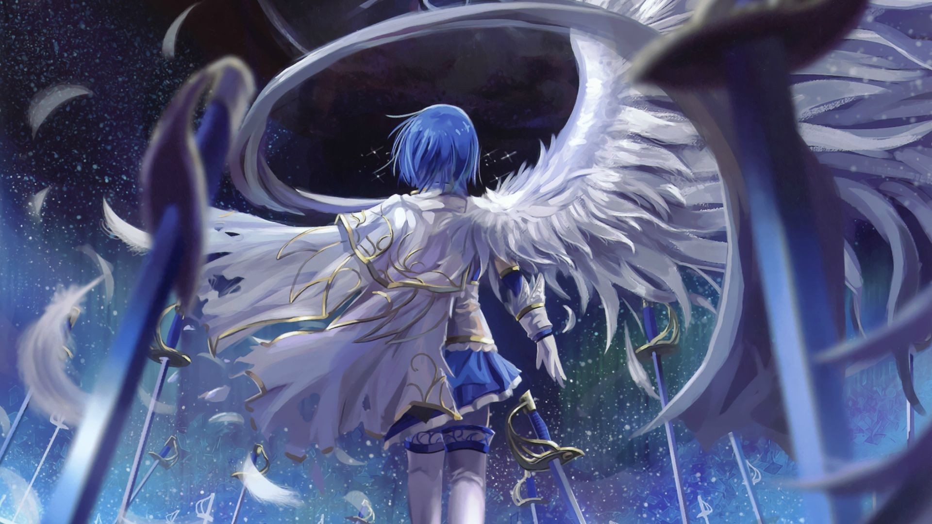 Anime girl with blue hair and white wings HD Wallpaper