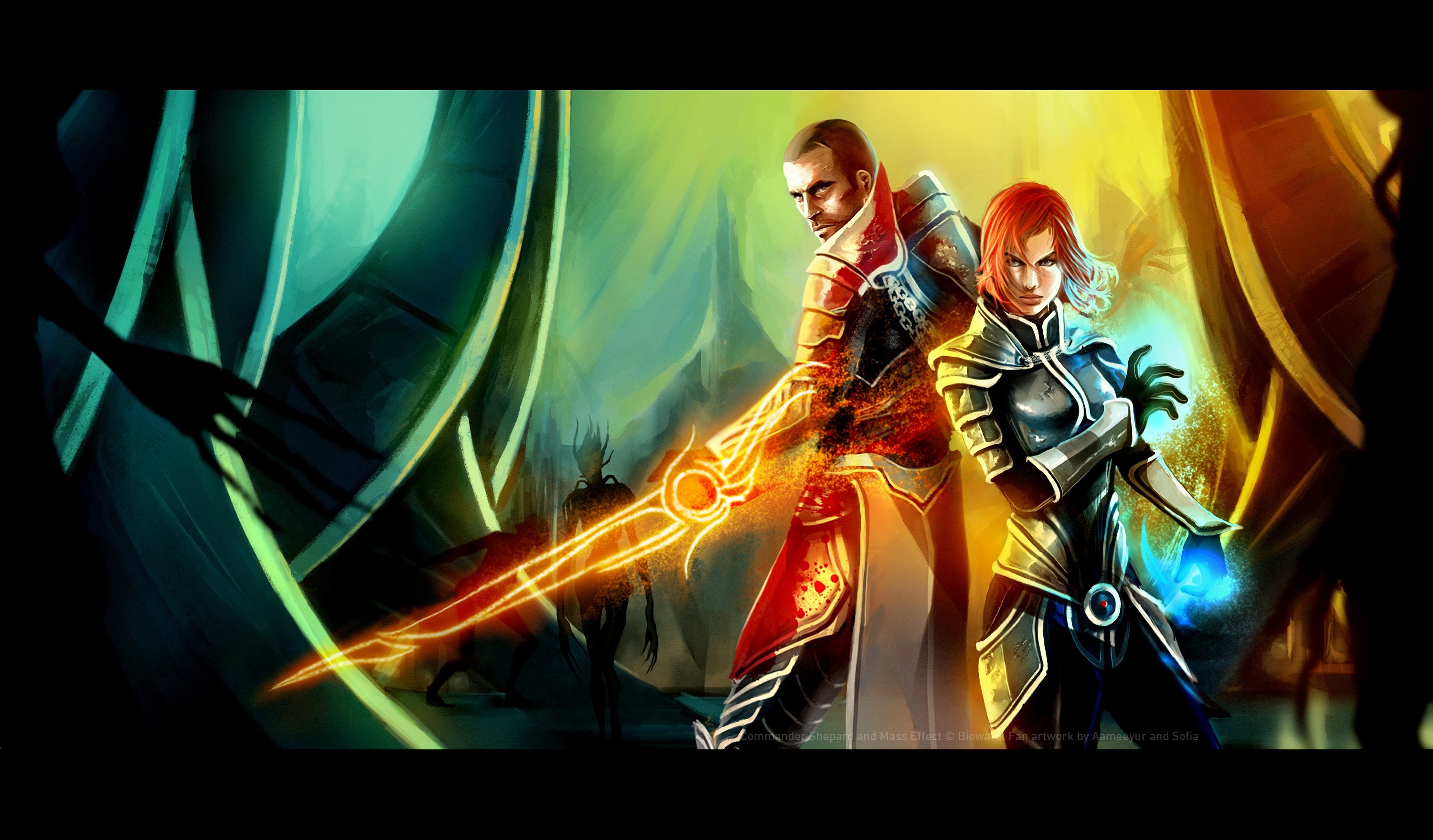 Mass Effect characters with glowing weapons HD Wallpaper