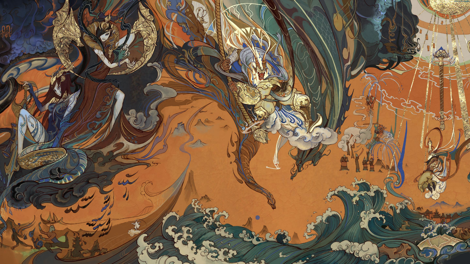 Mythological figures and dragons in a vibrant mural HD Wallpaper