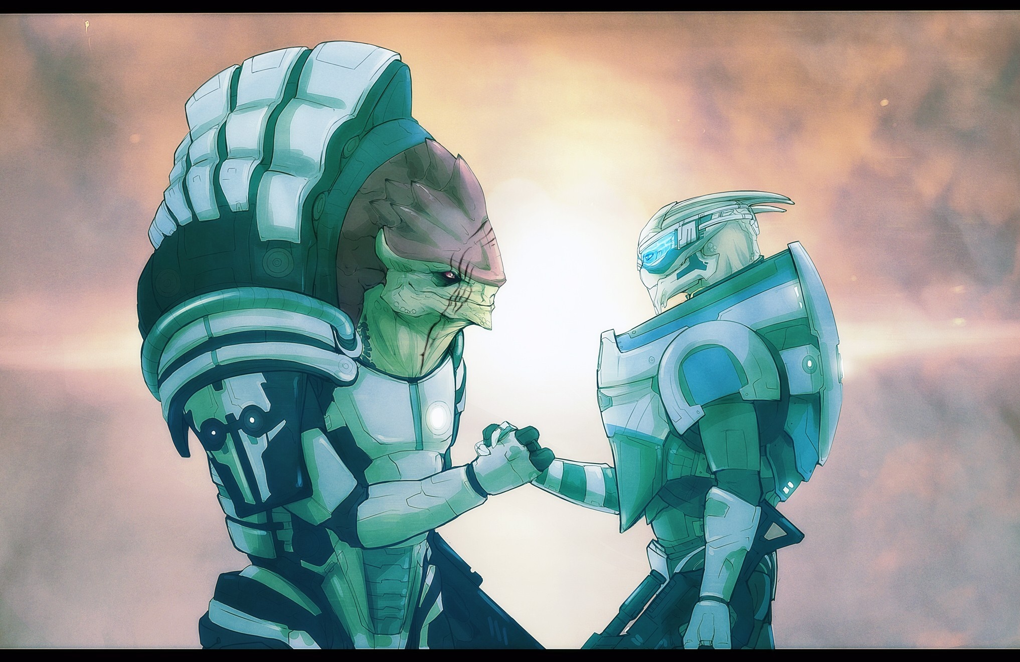 Two aliens from Mass Effect shaking hands HD Wallpaper