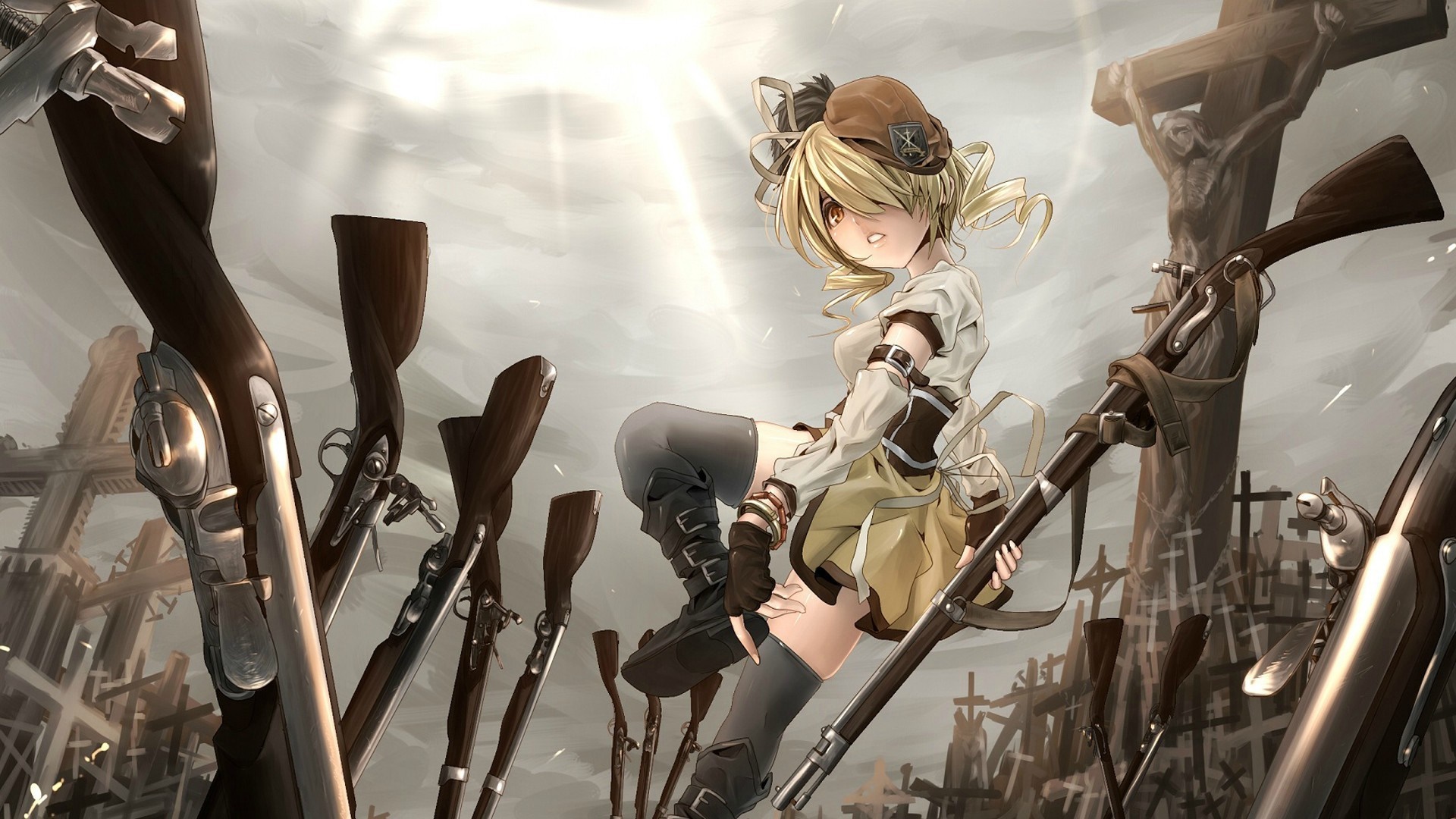 Mami Tomoe from Puella Magi Madoka Magica surrounded by rifles HD Wallpaper