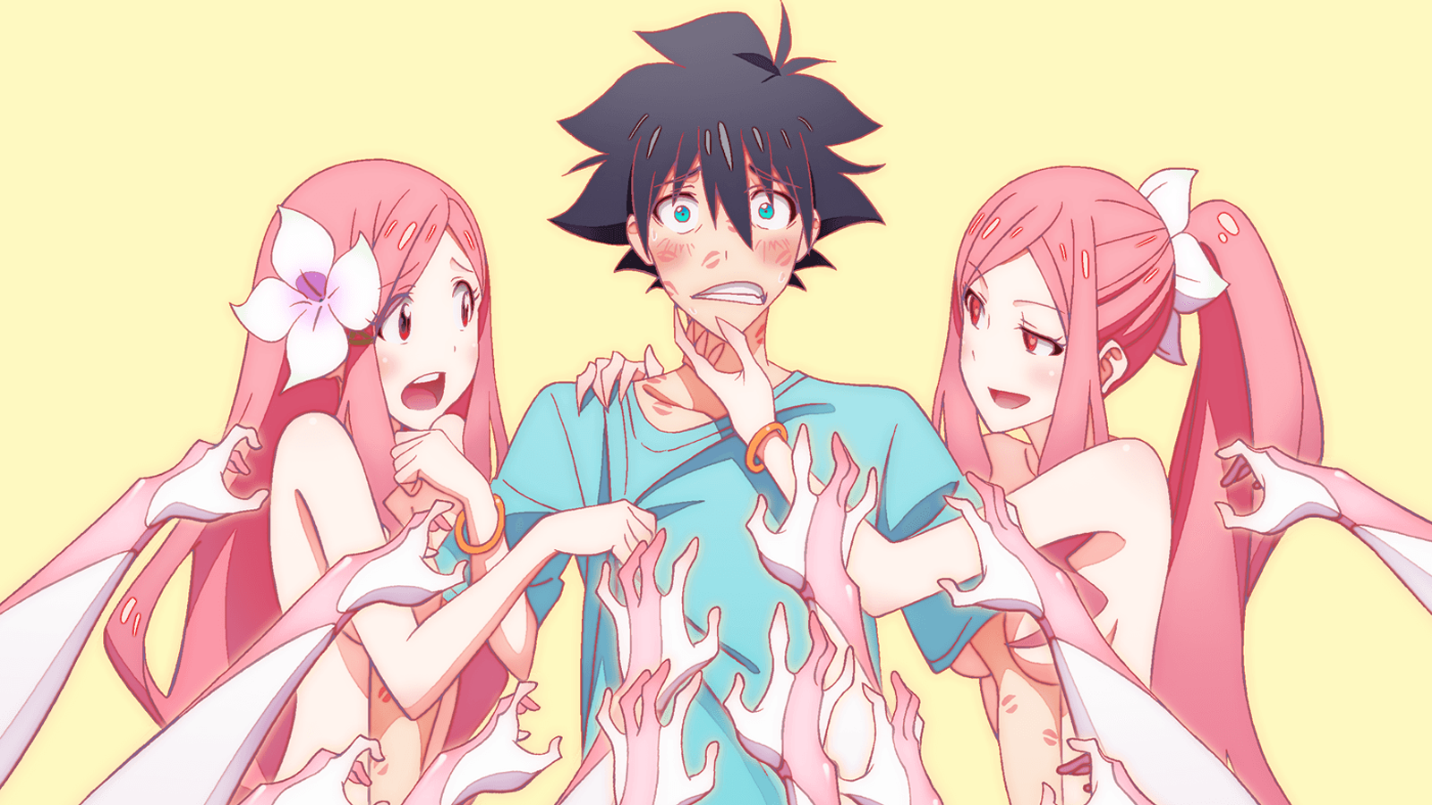 Anime boy surrounded by anime girls with pink hair HD Wallpaper