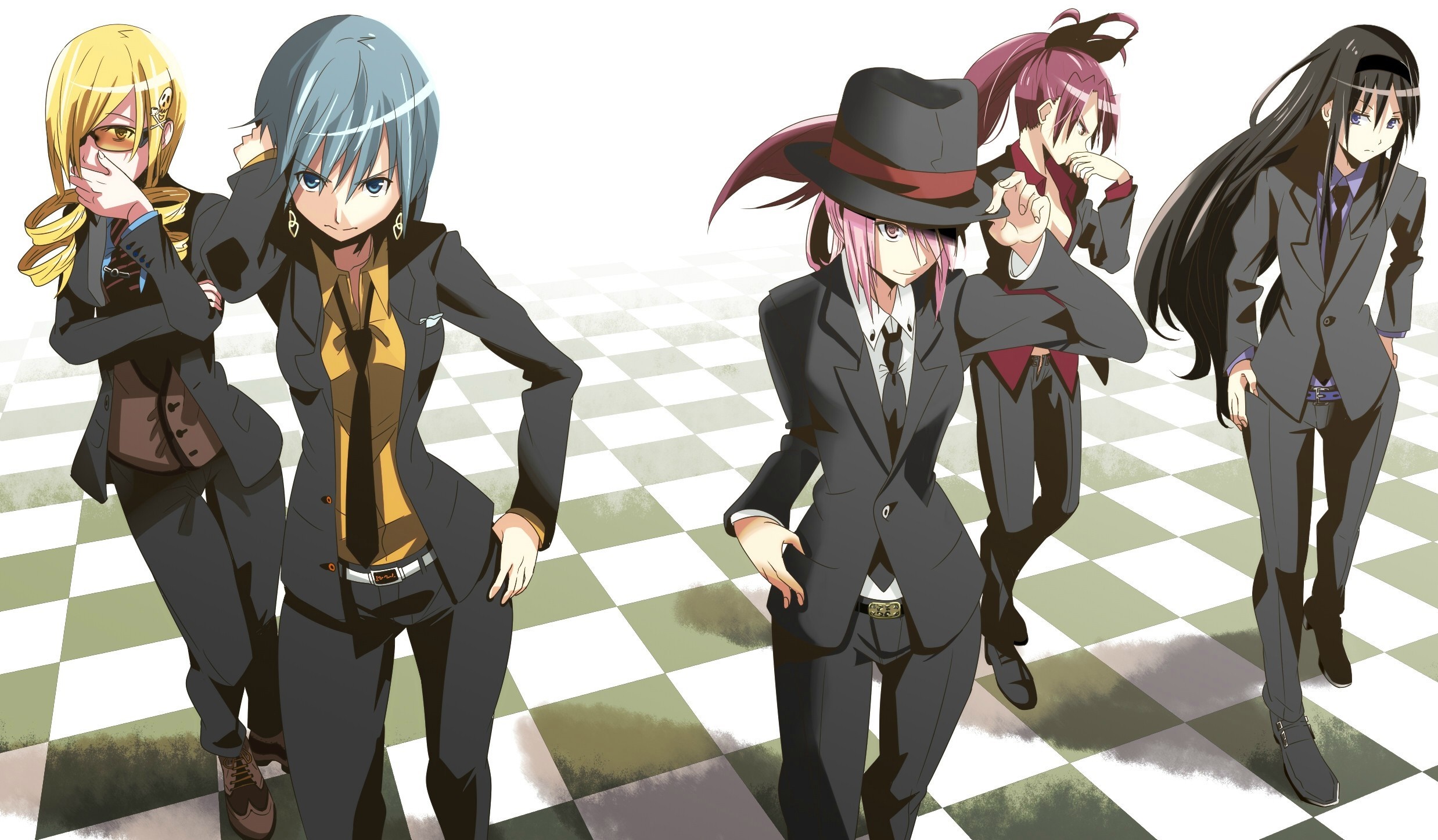 Anime girls in suits from Mahou Shoujo Madoka Magica HD Wallpaper