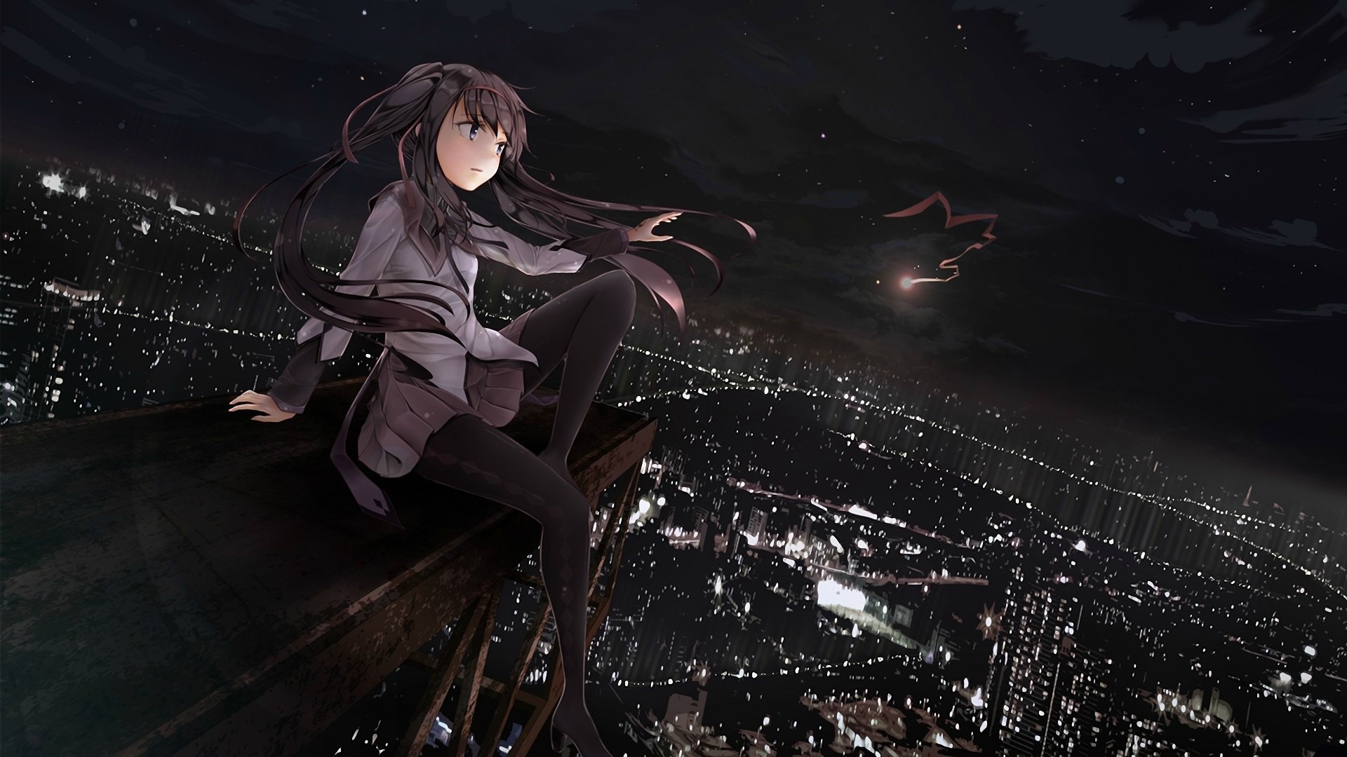 Anime girl sitting on a rooftop at night overlooking a city HD Wallpaper