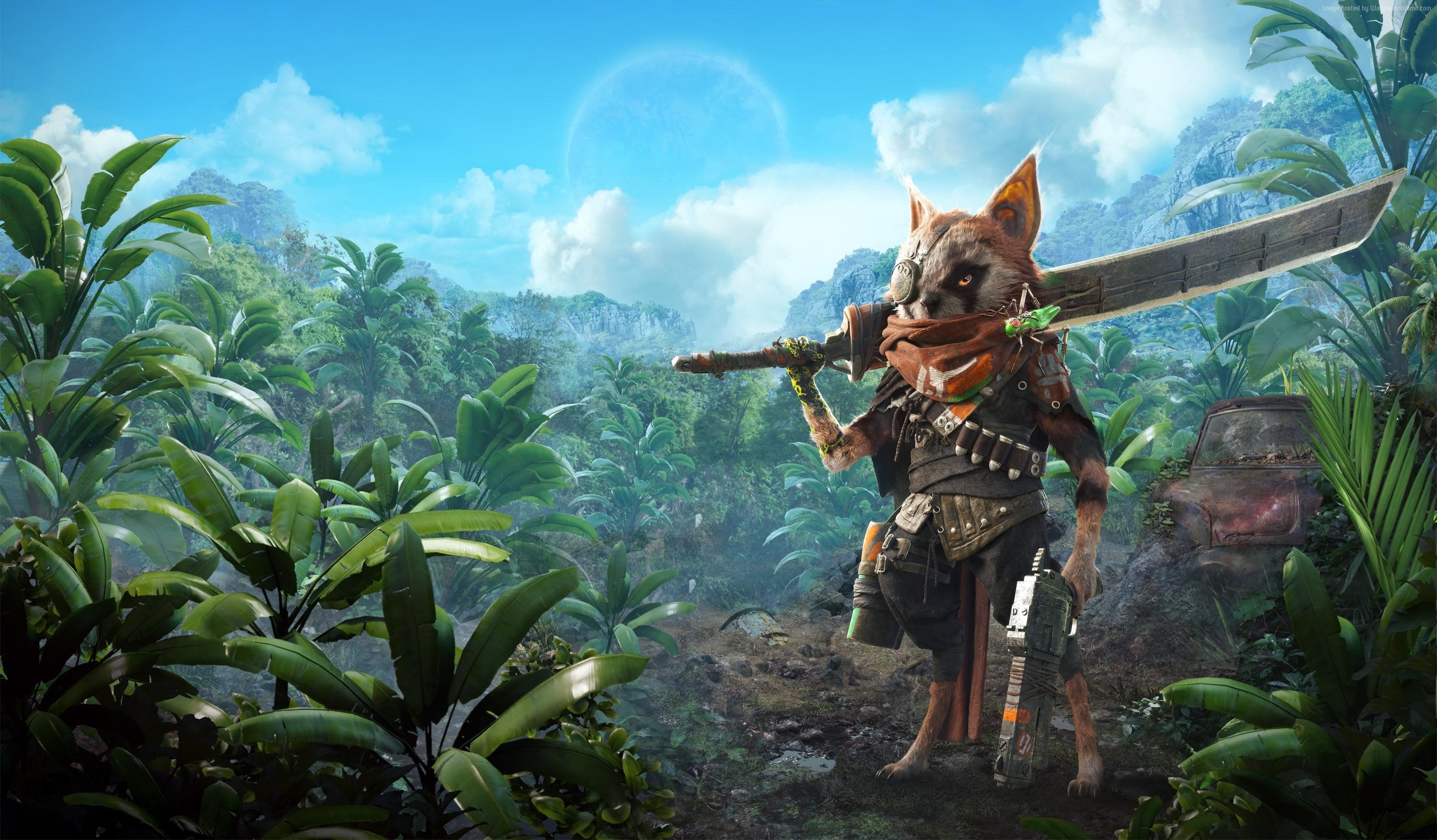 Biomutant character with sword and gun in jungle HD Wallpaper