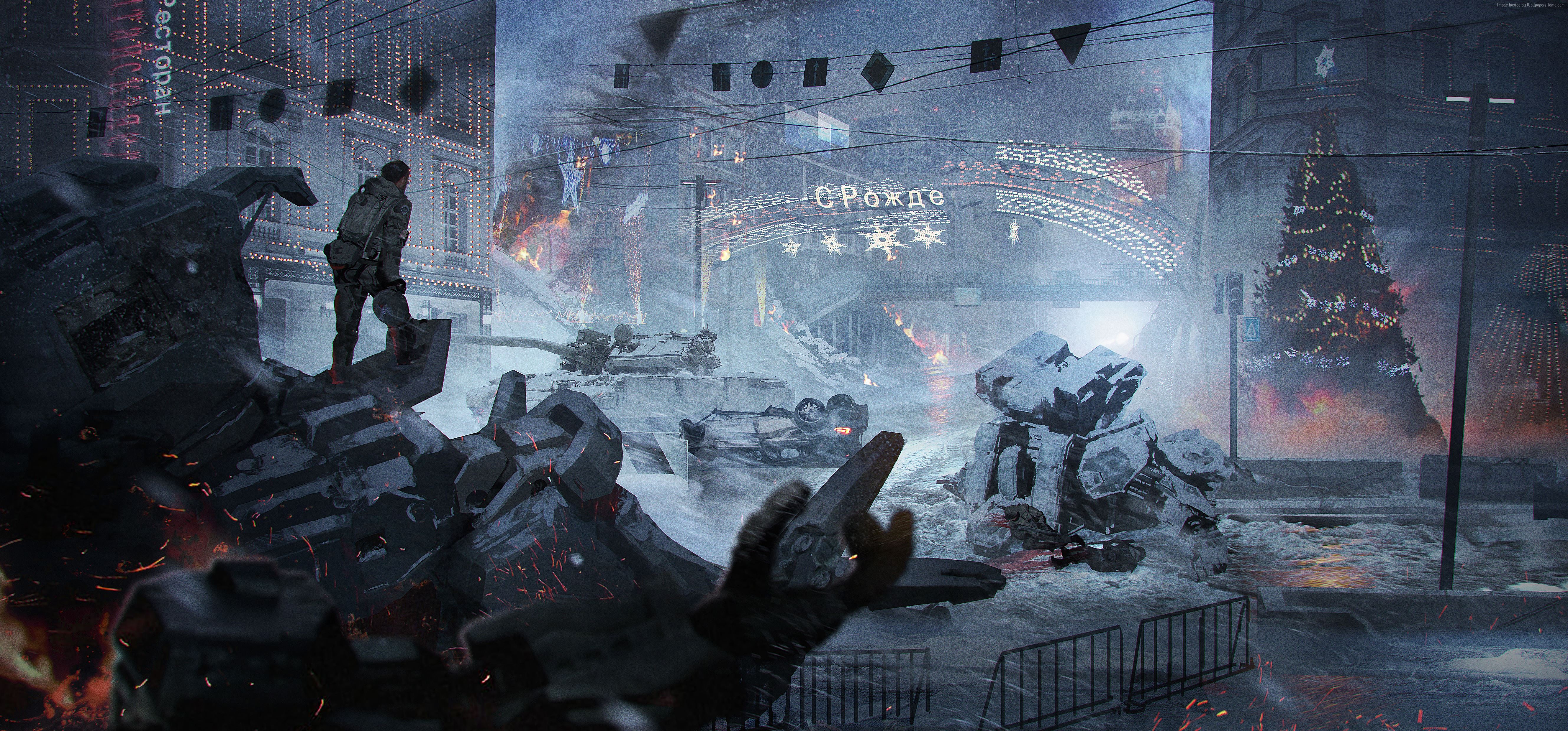 Soldier overlooking destroyed city in Left Alive HD Wallpaper