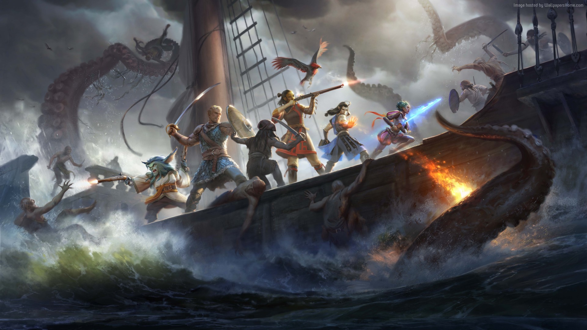 Pillars of Eternity 2: Deadfire ship battle with kraken HD Wallpaper