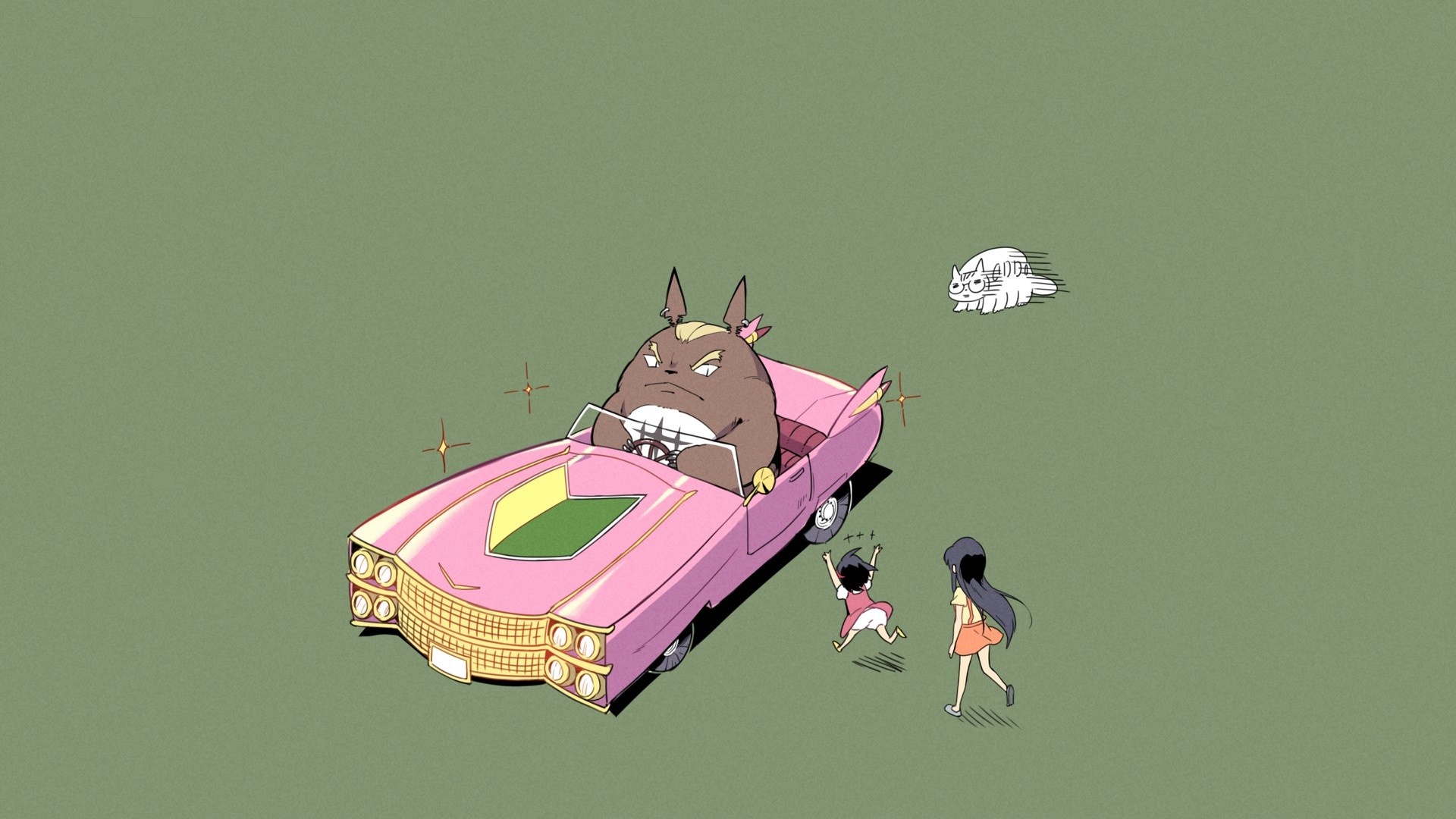 Big Totoro from My Neighbor Totoro driving a pink car HD Wallpaper
