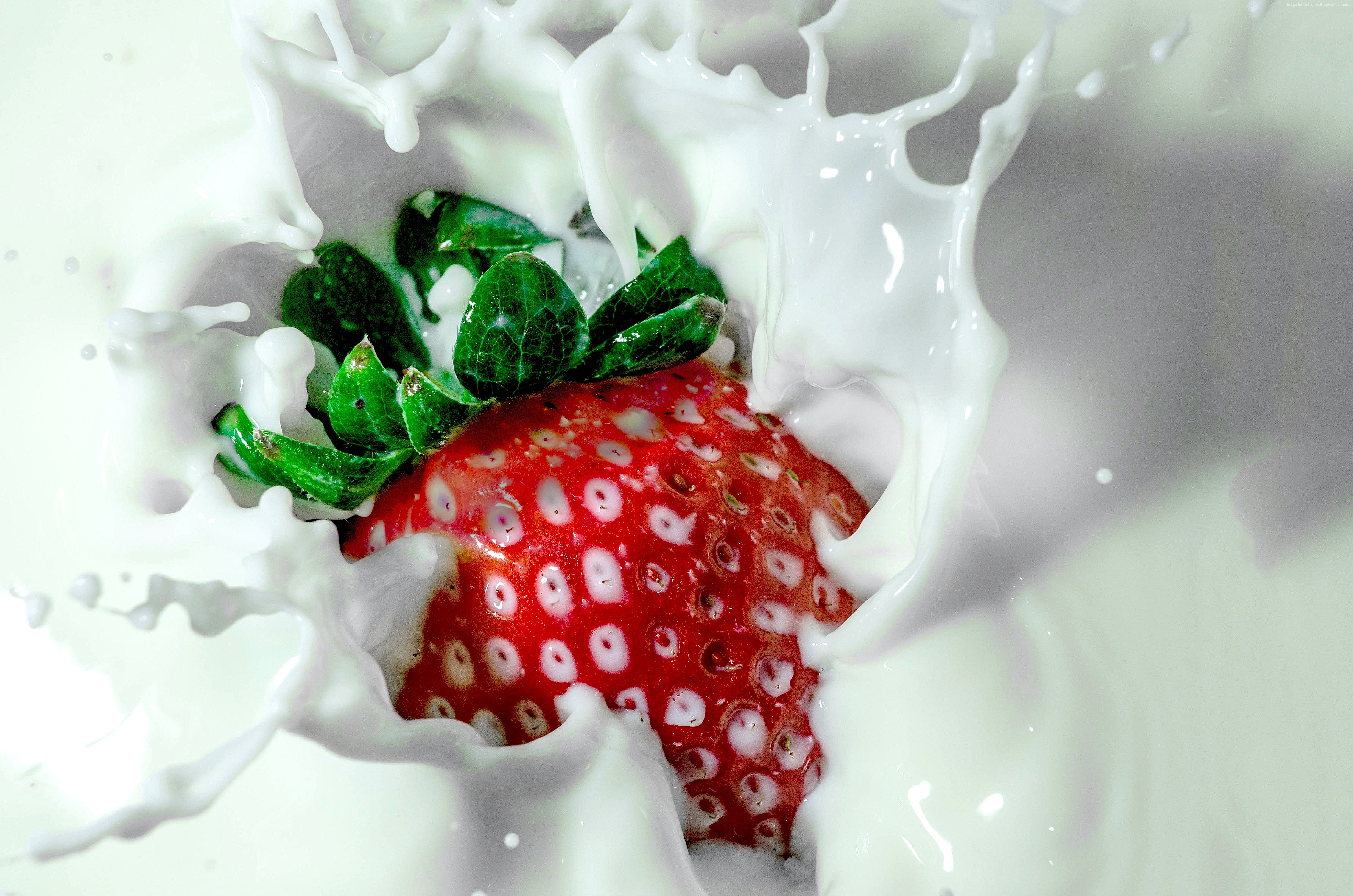 Strawberry splashing in milk 4K HD Wallpaper