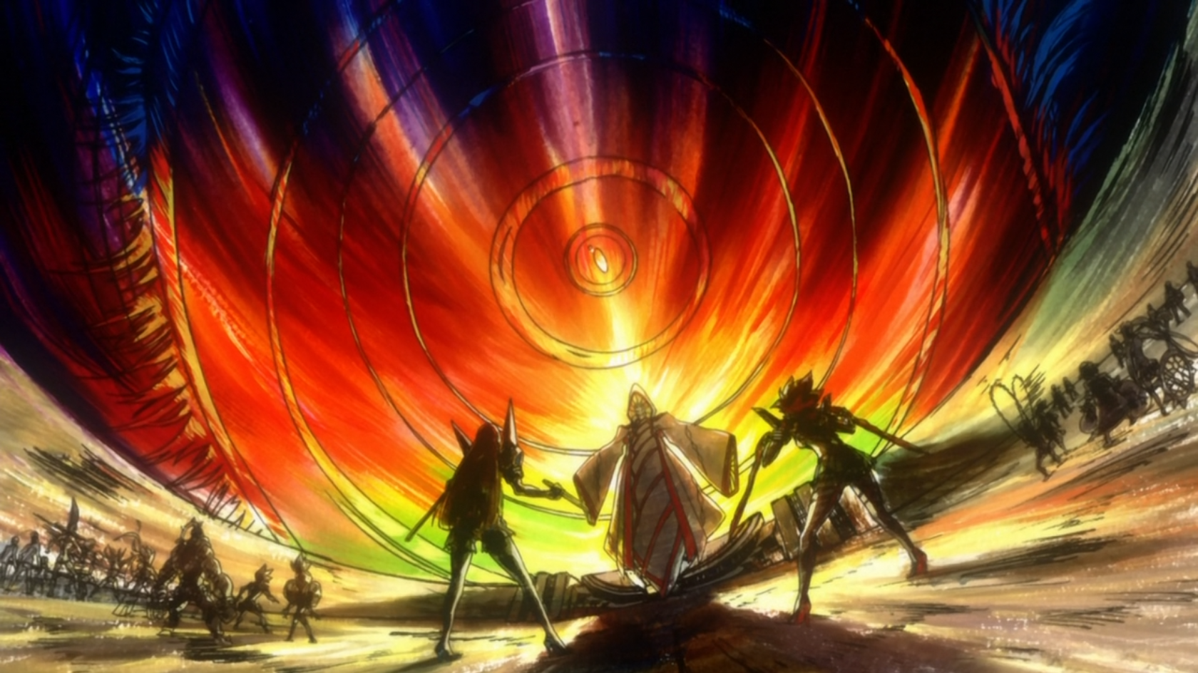 Kill la Kill screenshot: Ryuuko, Satsuki, and a figure in a vortex HD Wallpaper
