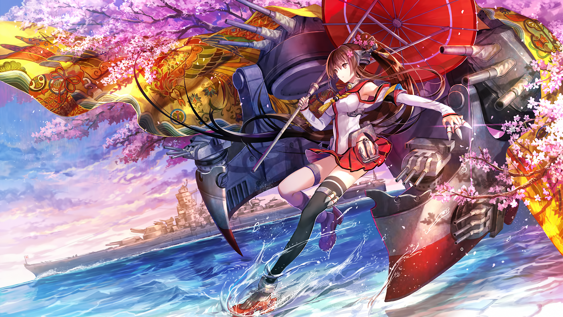 Anime girl with ship and cherry blossoms HD Wallpaper