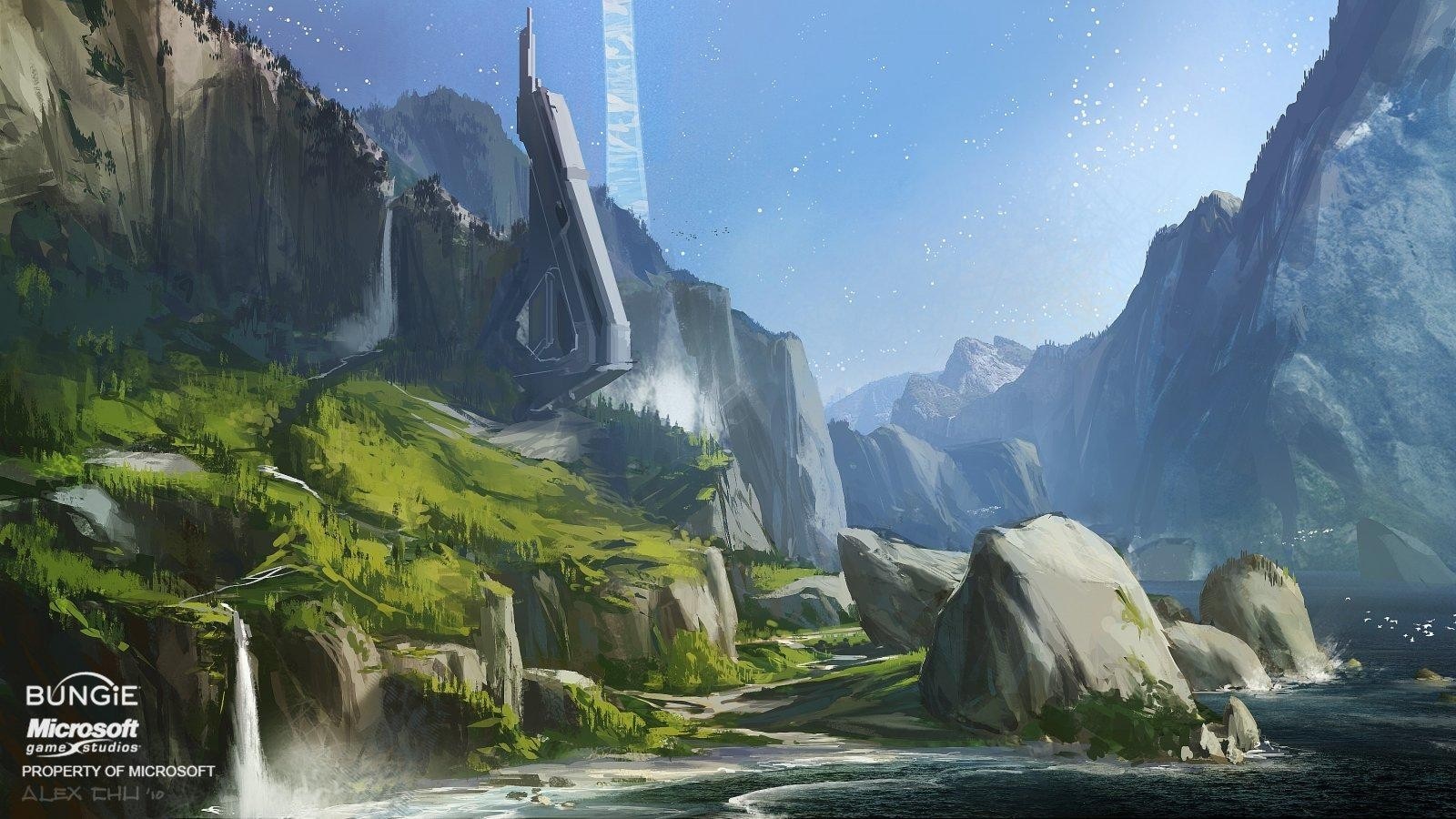 Halo ring structure over a mountainous landscape with waterfalls HD Wallpaper