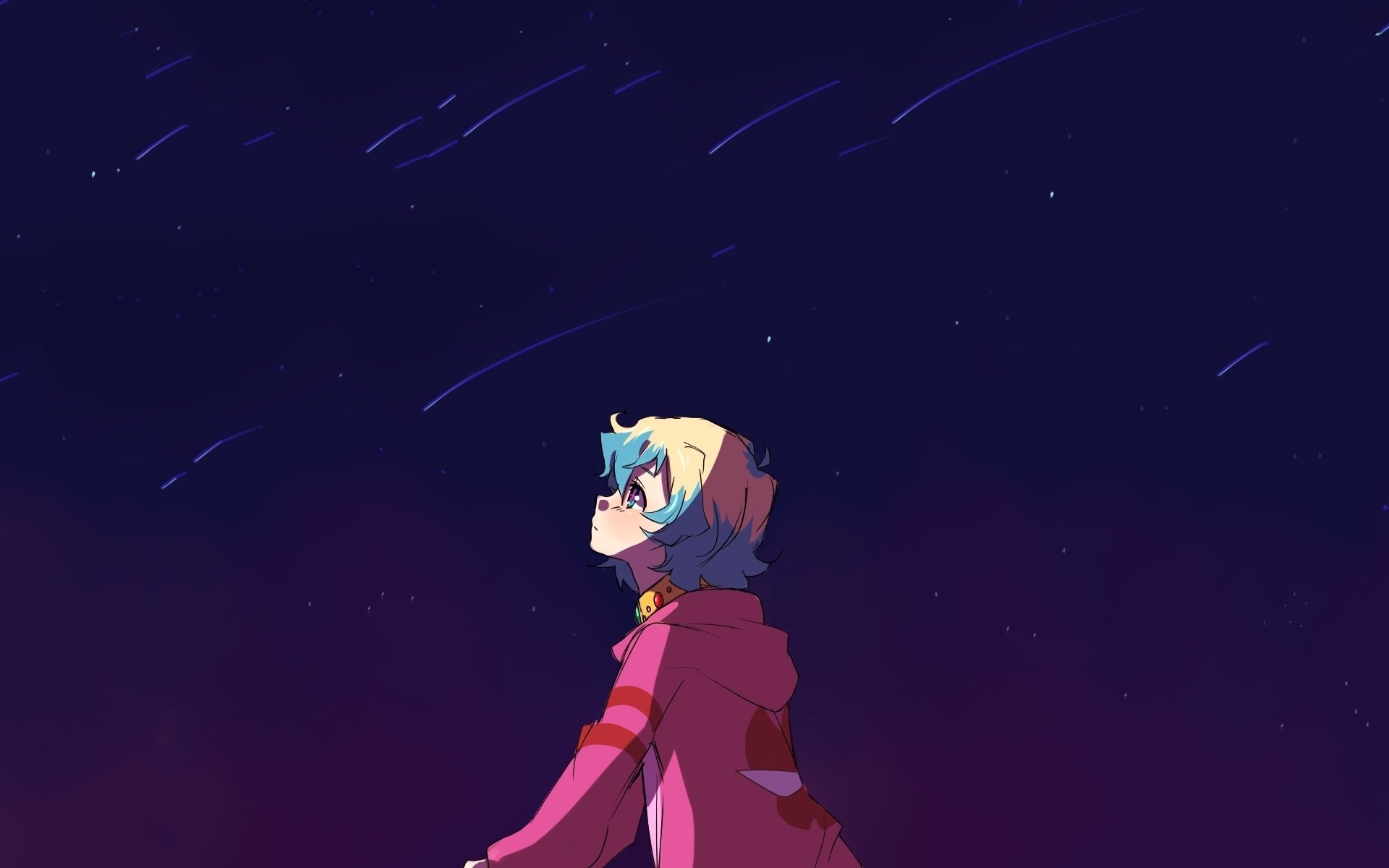 Illustration of a character looking at shooting stars HD Wallpaper