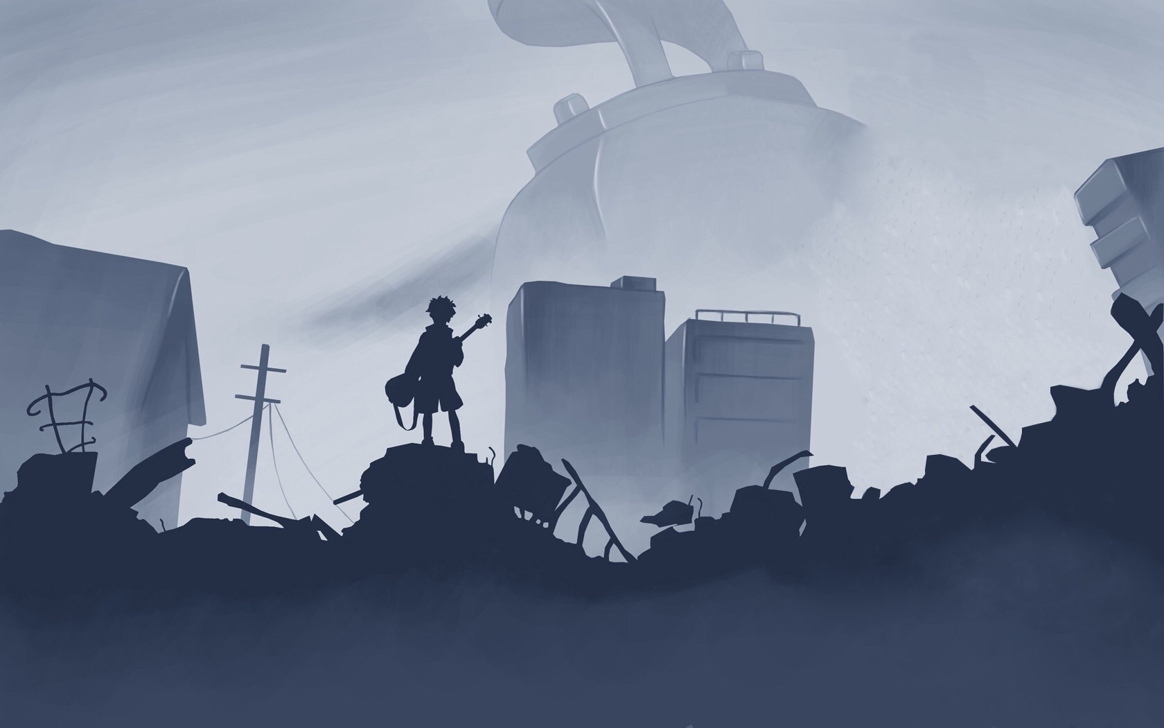 Silhouette of a person with a guitar in a destroyed city HD Wallpaper