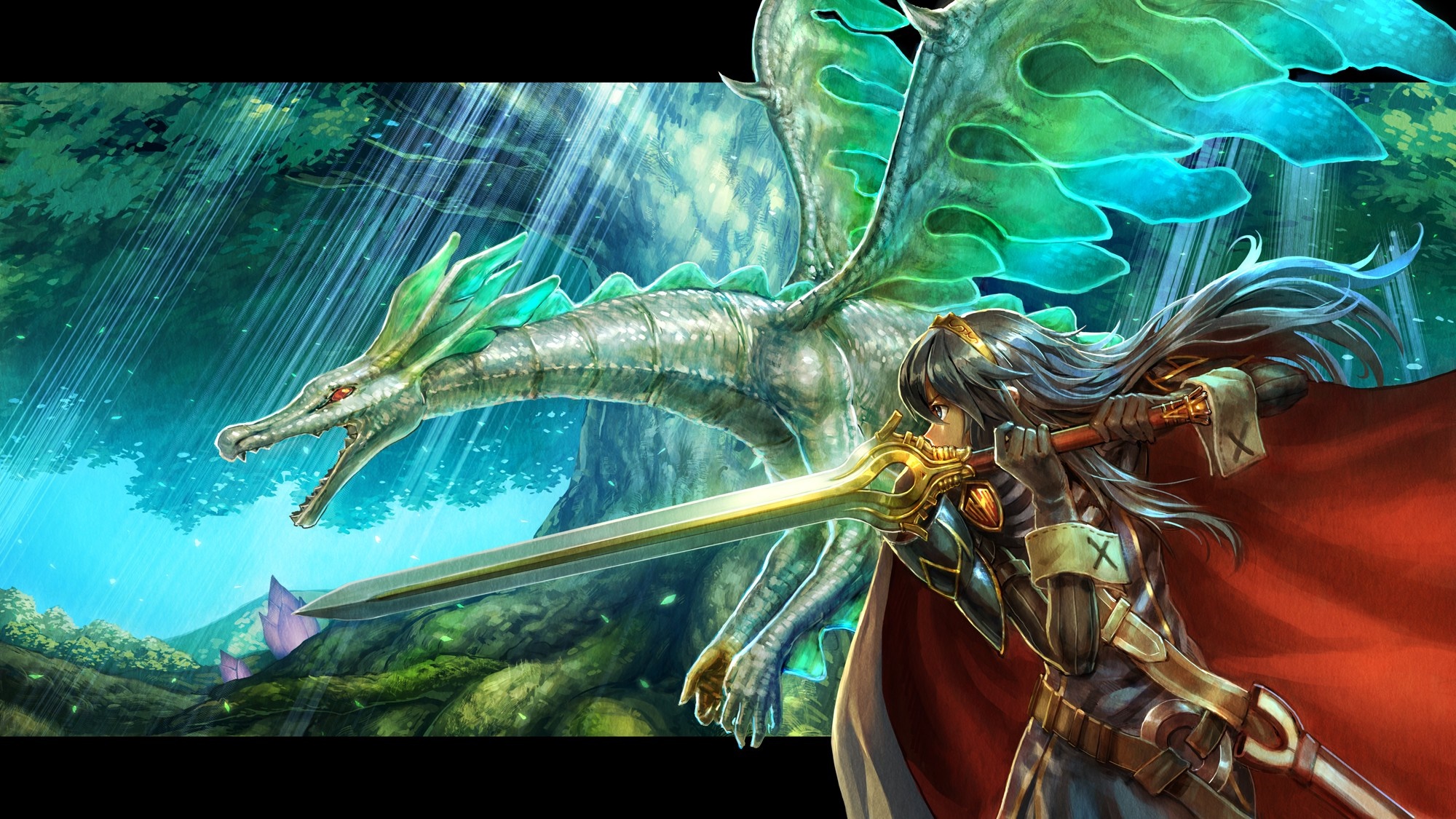 Lucina from Fire Emblem fighting a dragon in a forest HD Wallpaper