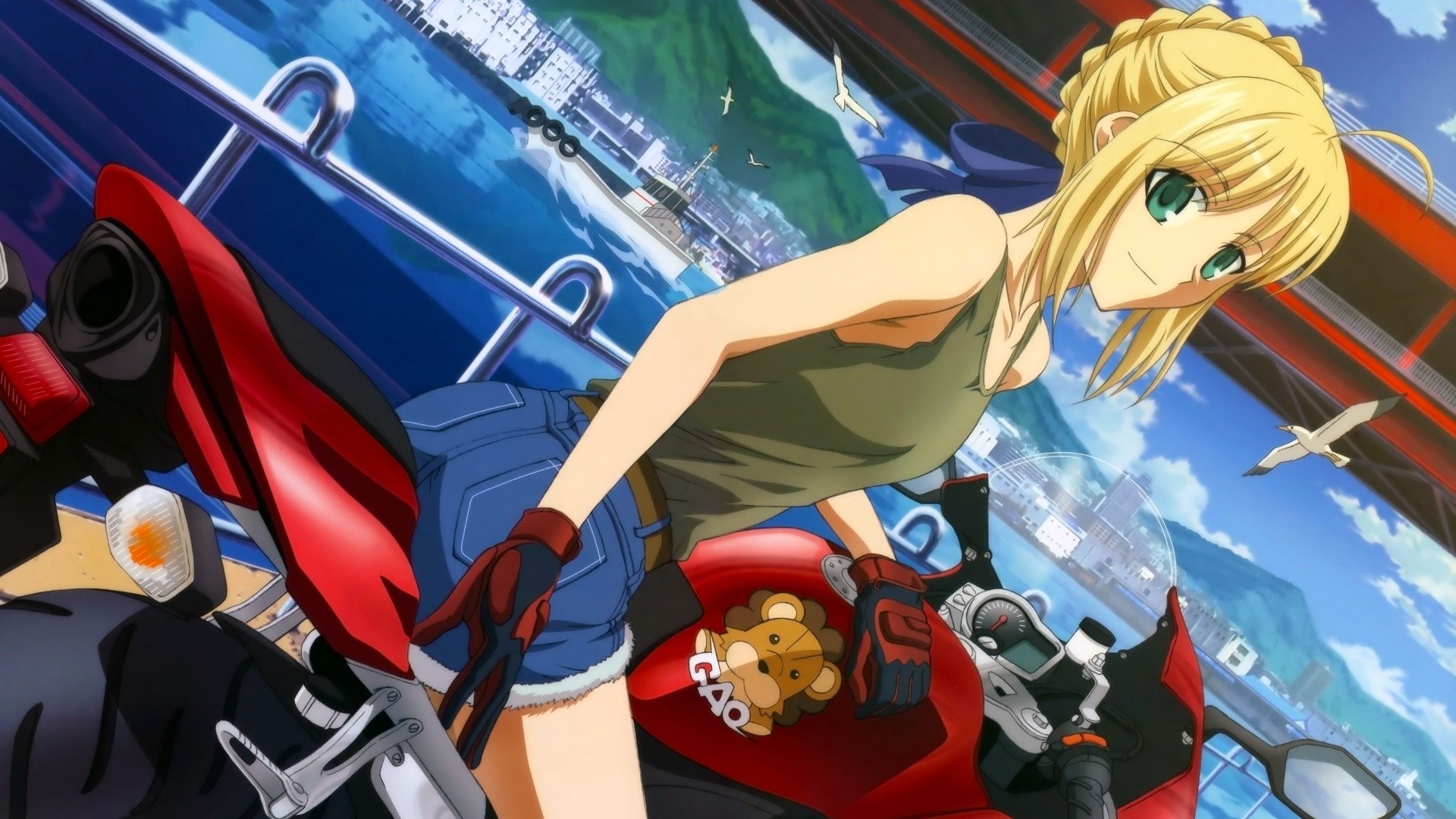 Saber from Fate Series on a Motorcycle HD Wallpaper
