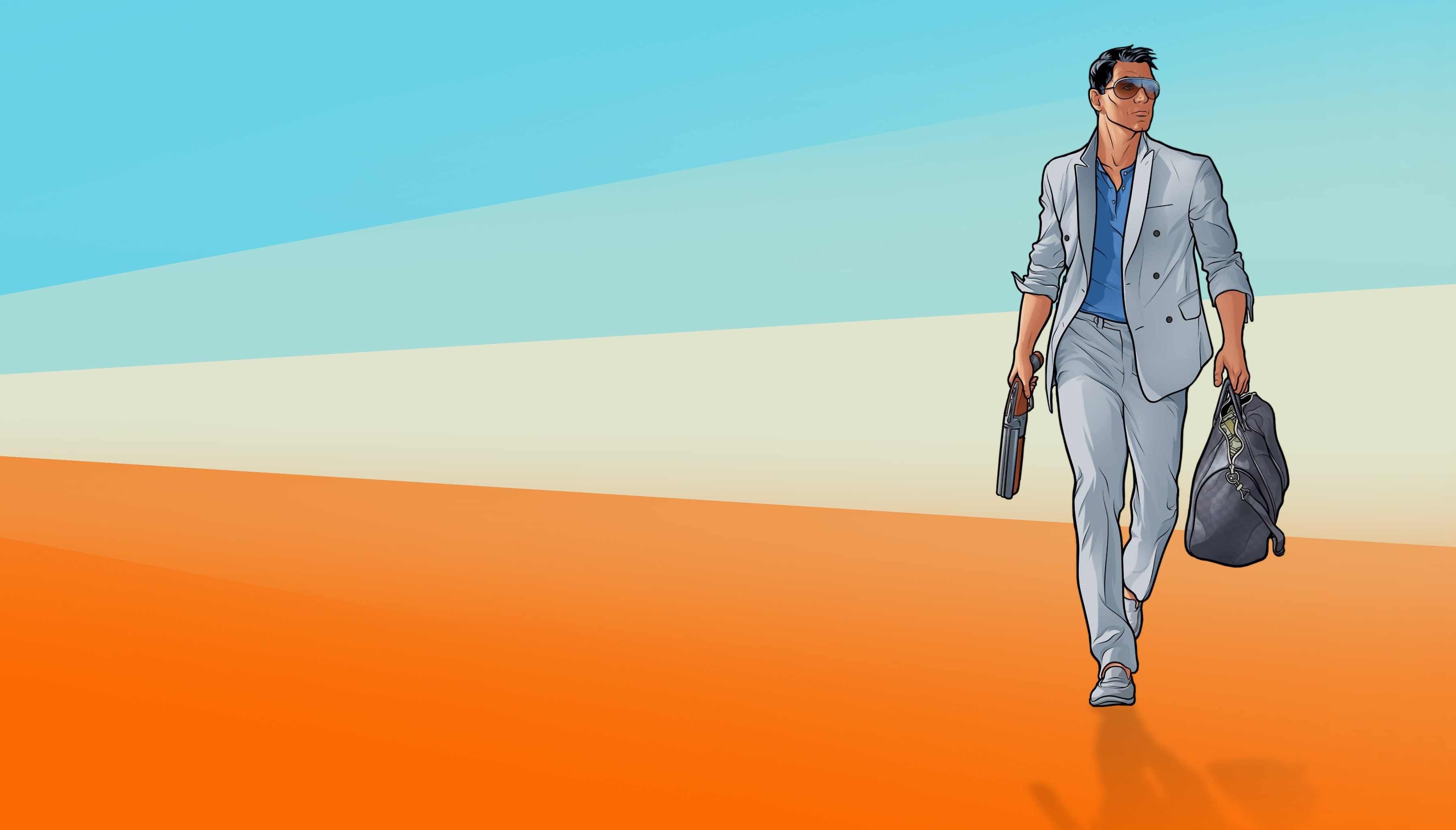Sterling Archer from Archer walking with a gun and bag HD Wallpaper