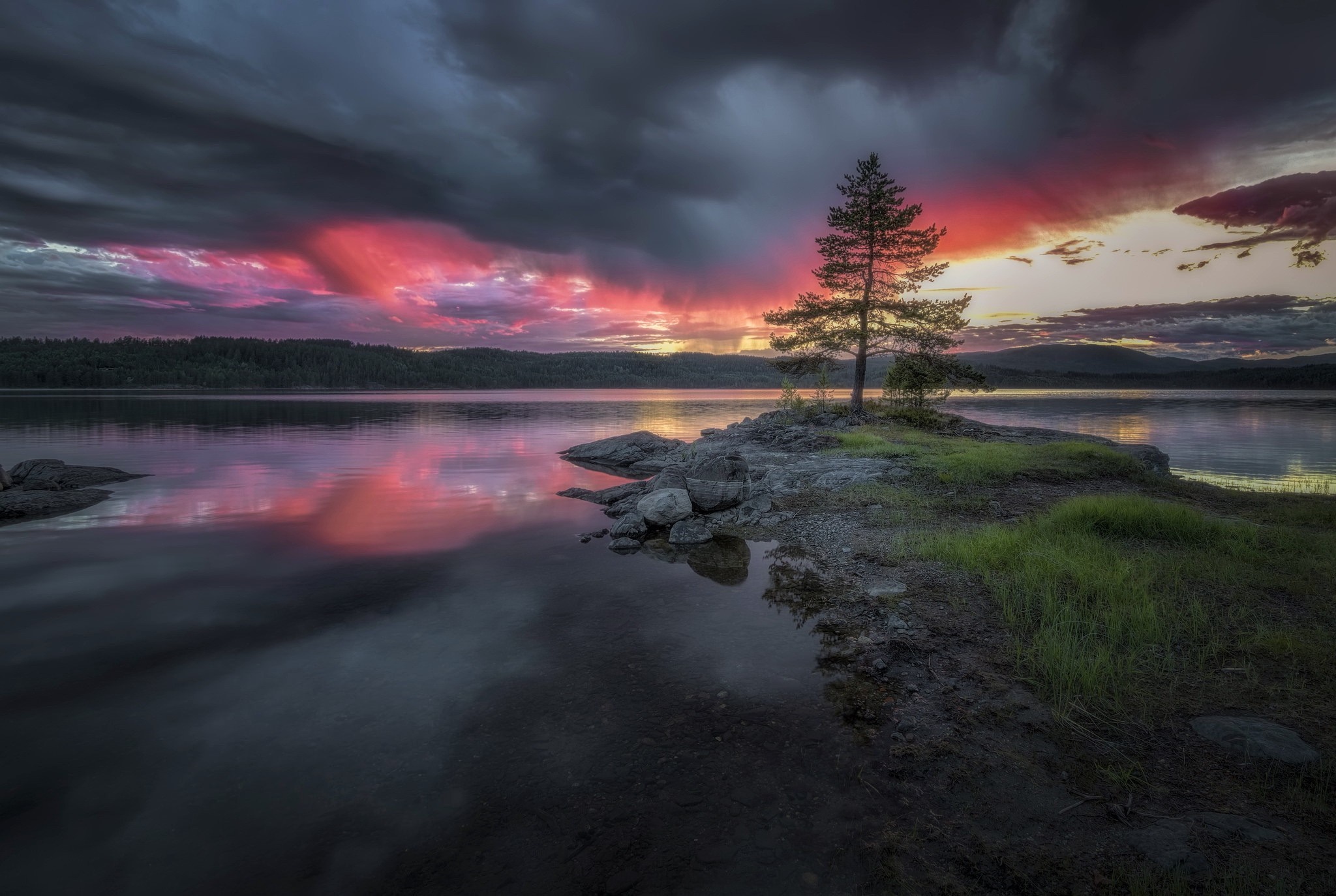 Sunset over a lake with a lone tree on a rocky island HD Wallpaper