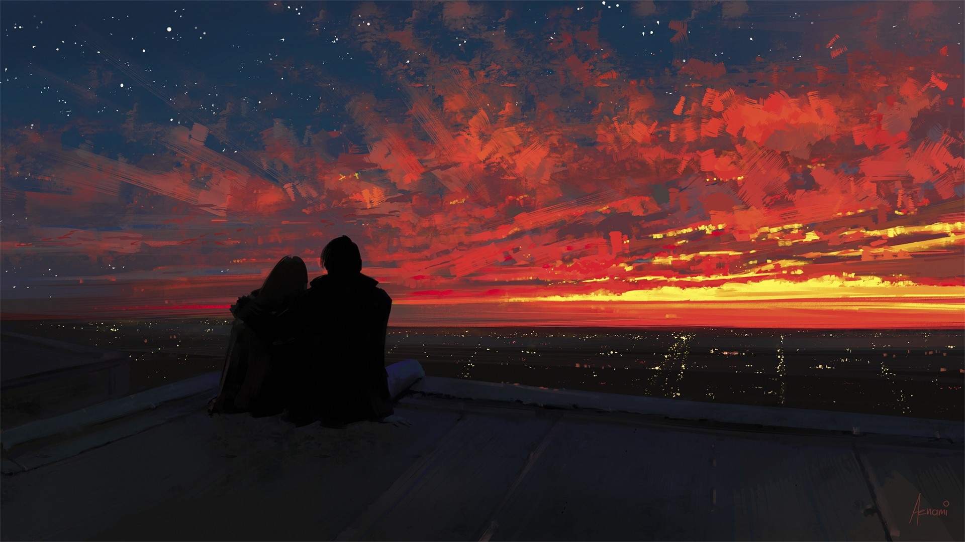 Couple watching a vibrant sunset over a city HD Wallpaper