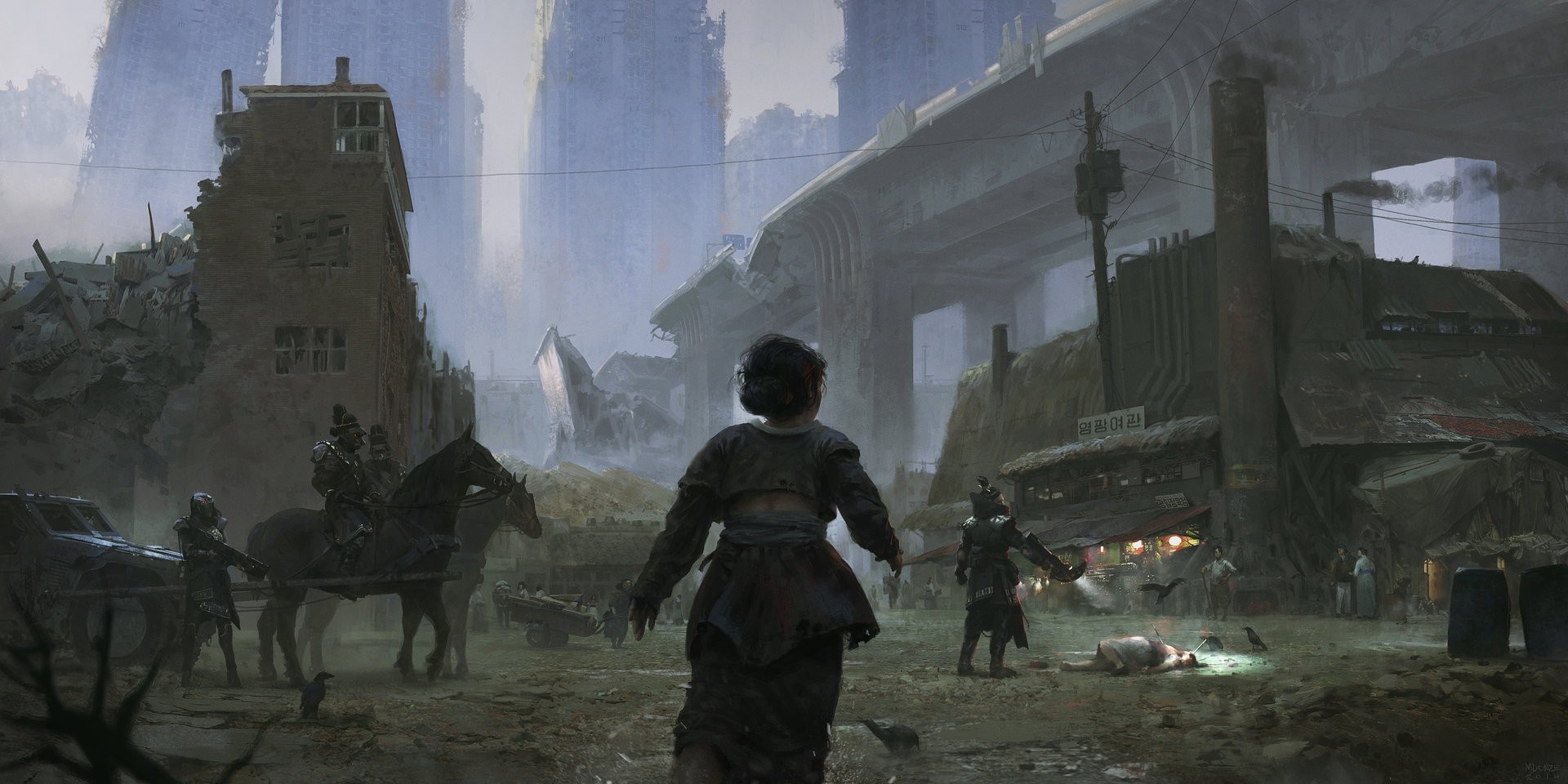 Apocalyptic scene with soldiers and a child HD Wallpaper