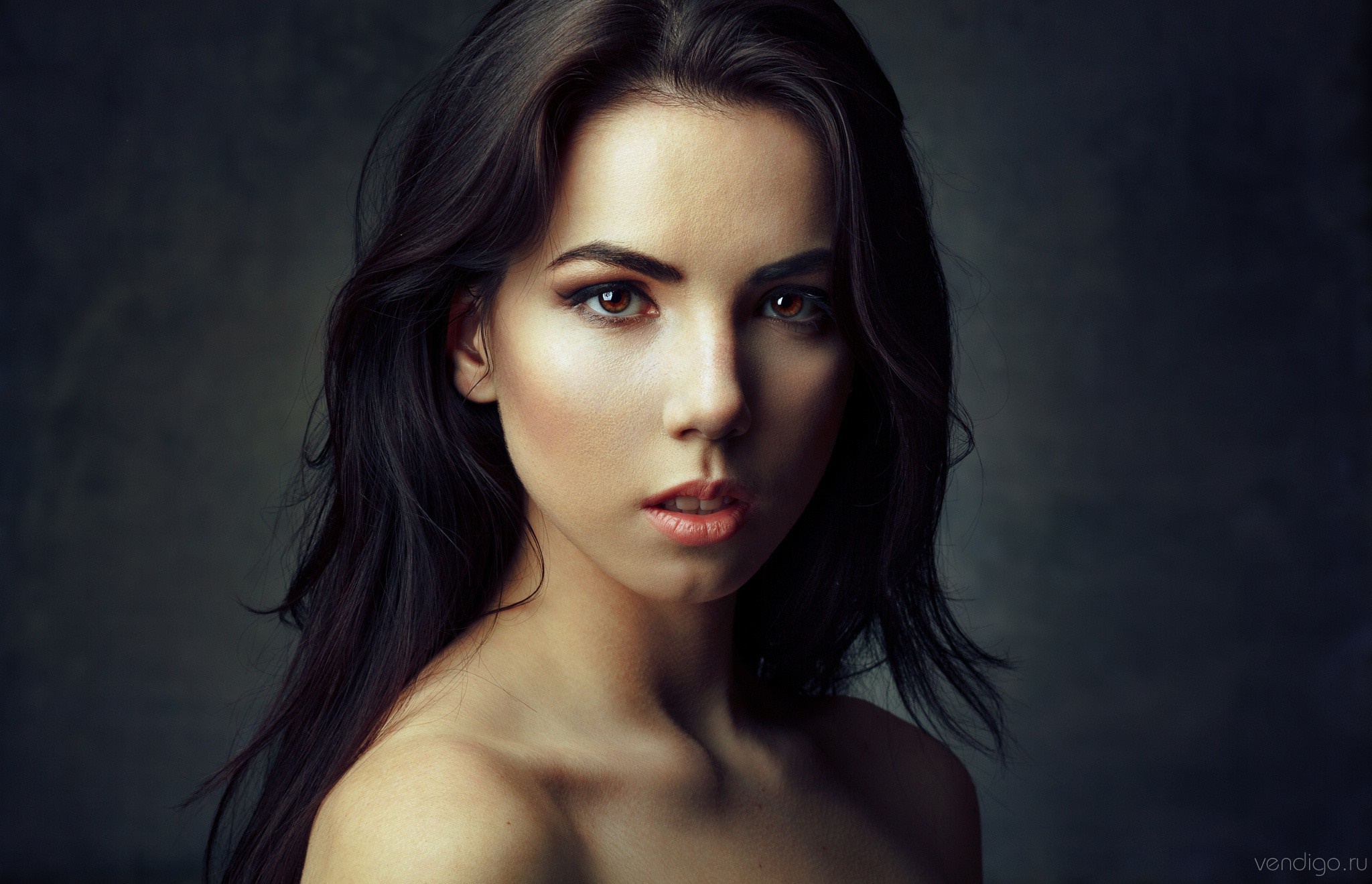 Woman with long dark hair and brown eyes HD Wallpaper