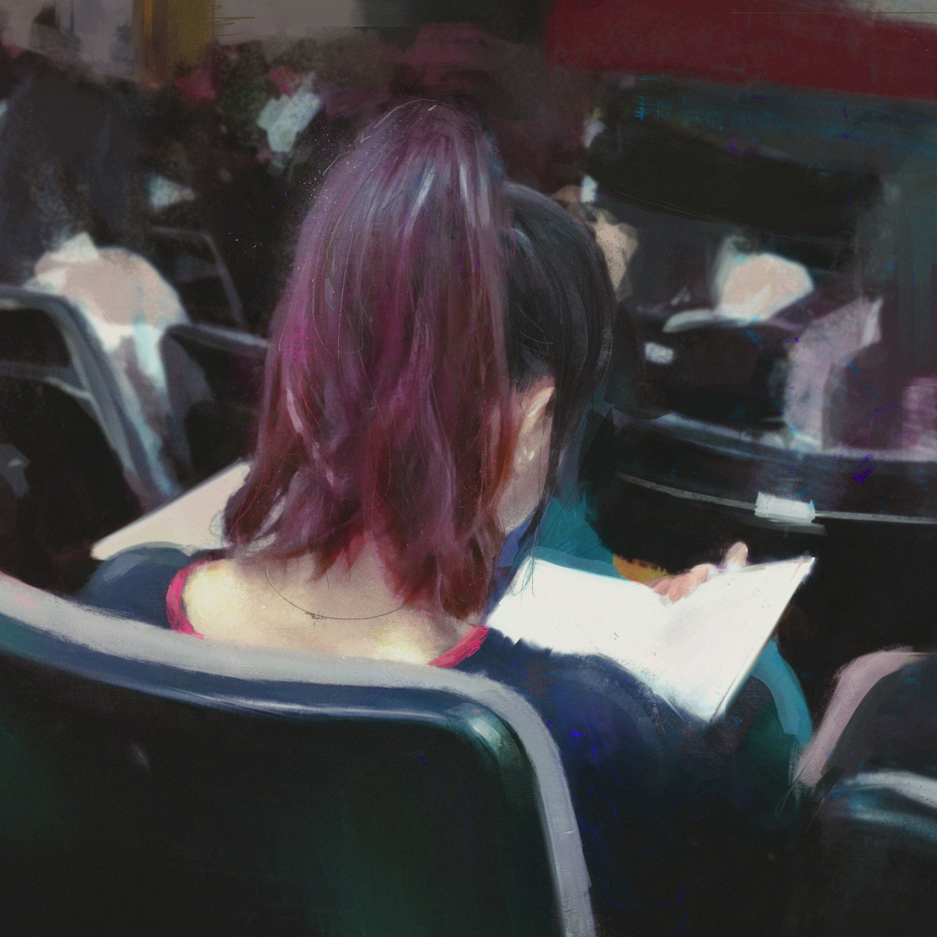 Woman with purple hair reading a book HD Wallpaper