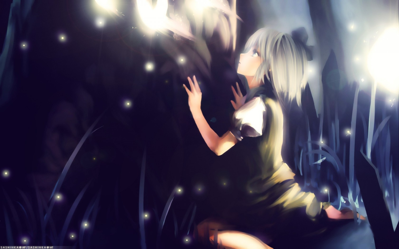 Konpaku Youmu from Touhou in a dark forest with fireflies HD Wallpaper