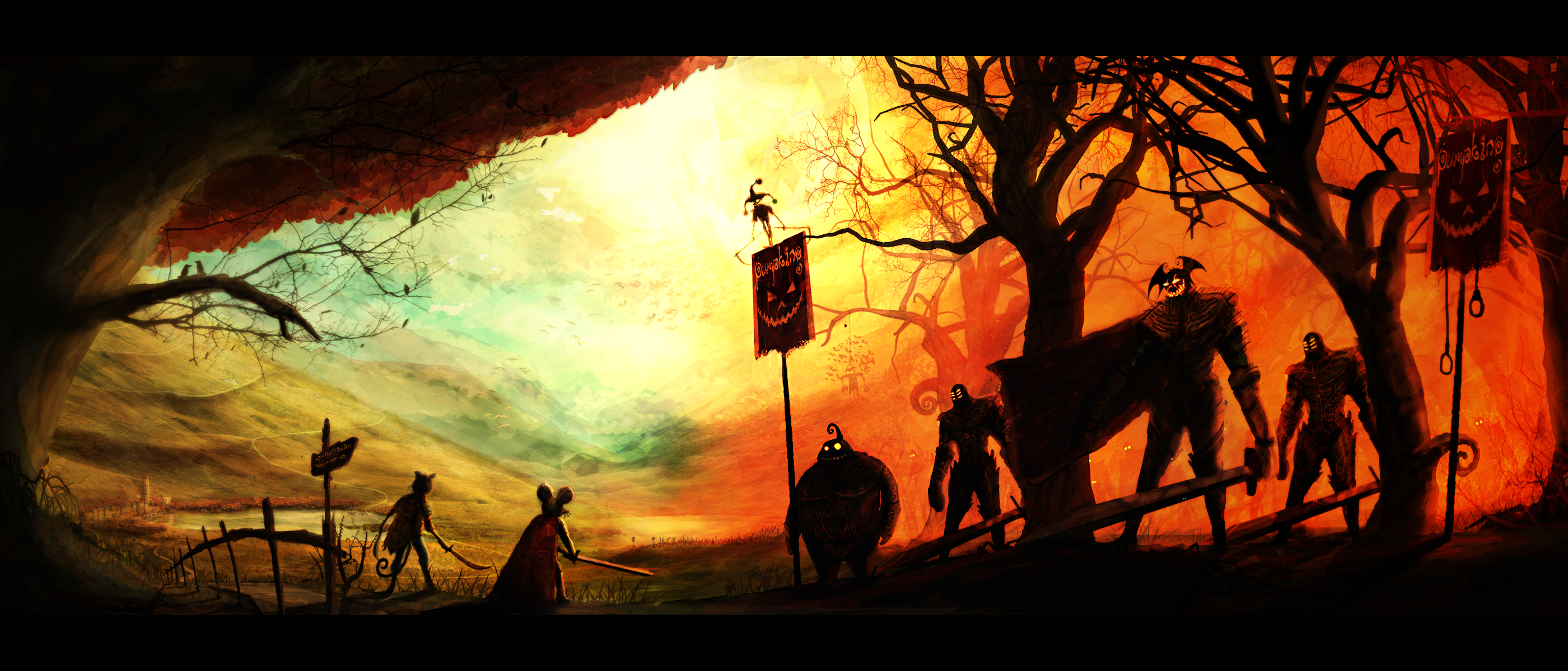 Halloween scene with pumpkin-headed figures and small creatures HD Wallpaper