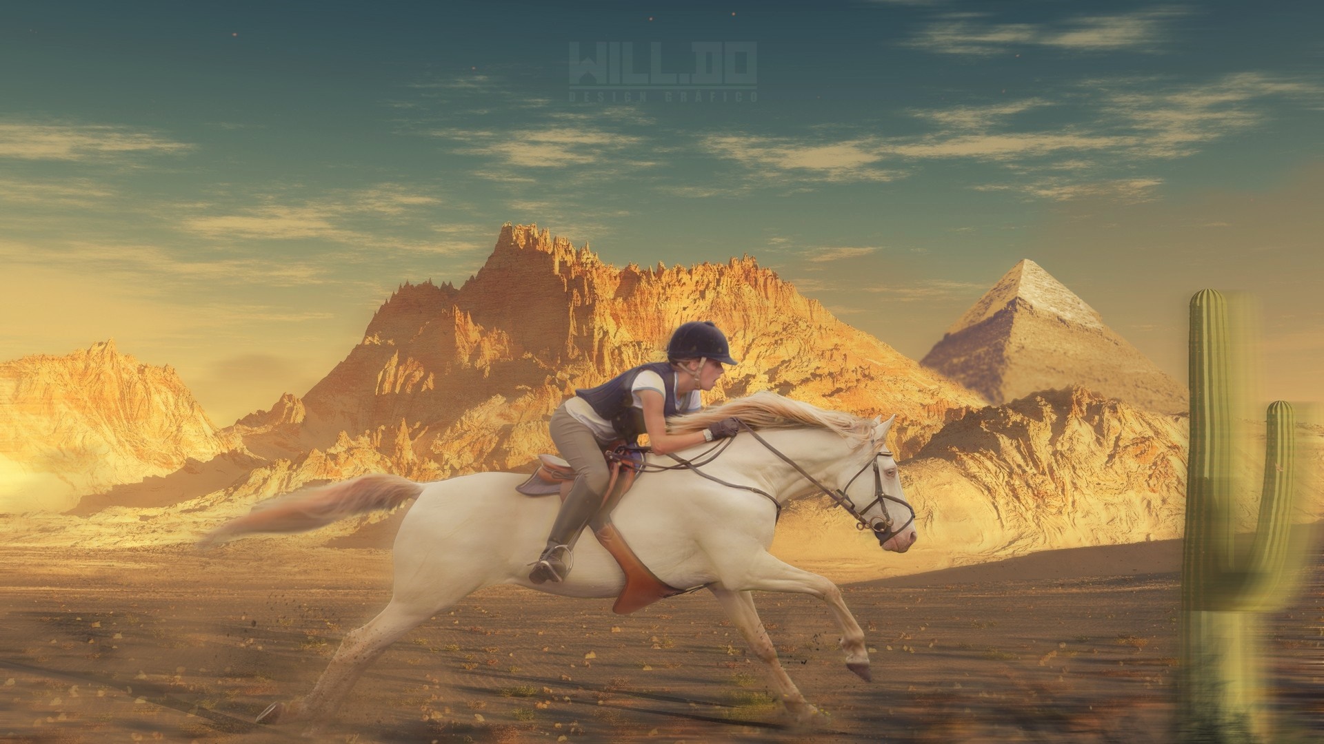 Girl riding a horse in a desert landscape with pyramids HD Wallpaper