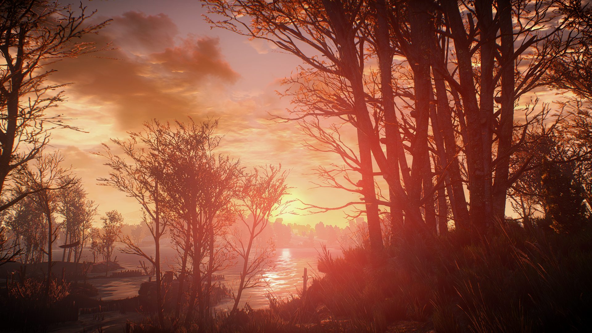 The Witcher 3: Wild Hunt - Sunset over a misty forest lake HD Wallpaper