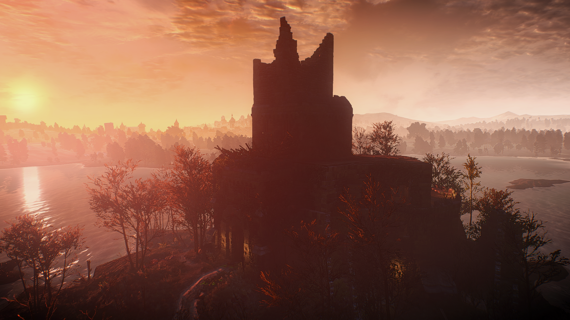Ruined castle by a lake at sunset in The Witcher 3 HD Wallpaper