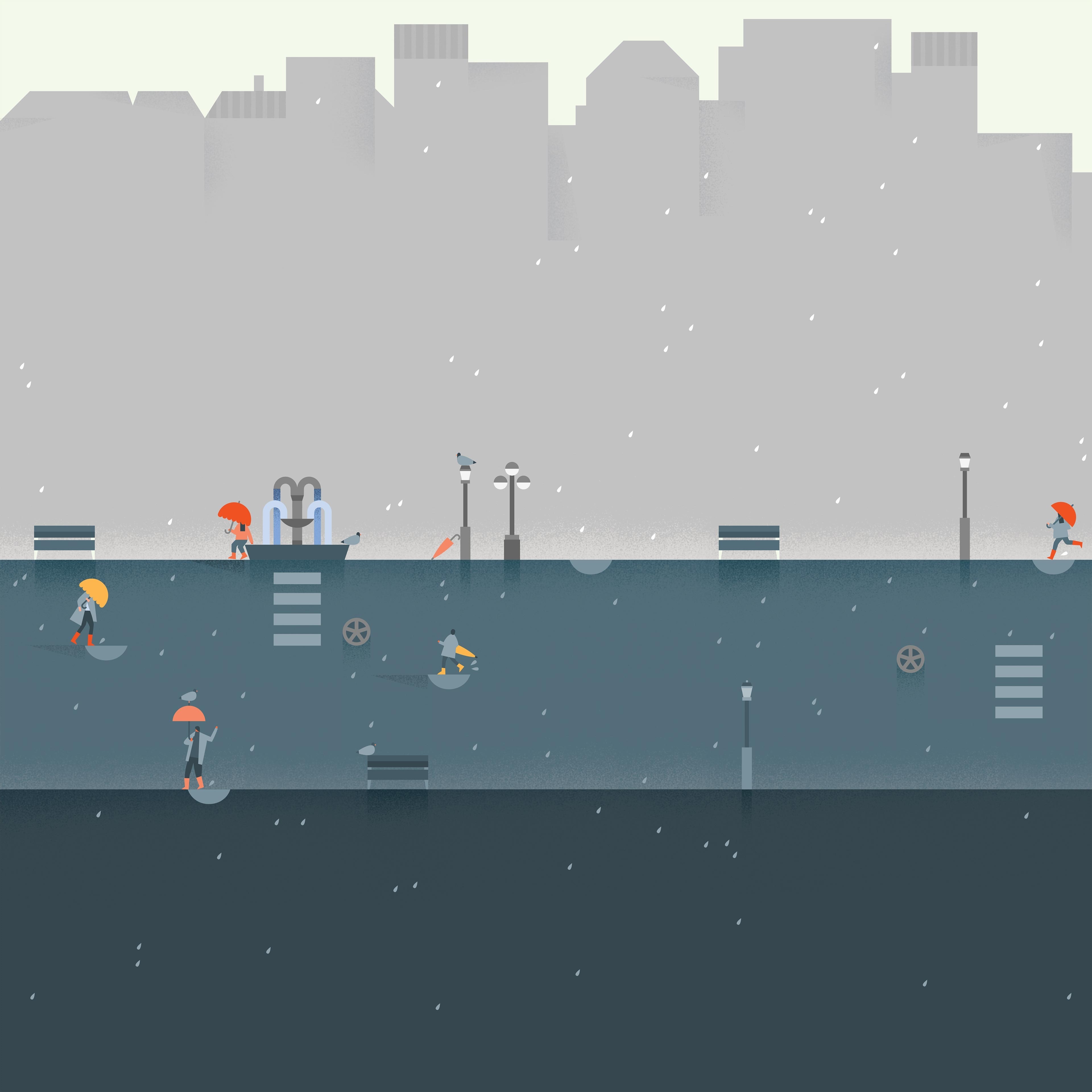 People with umbrellas in a rainy city HD Wallpaper