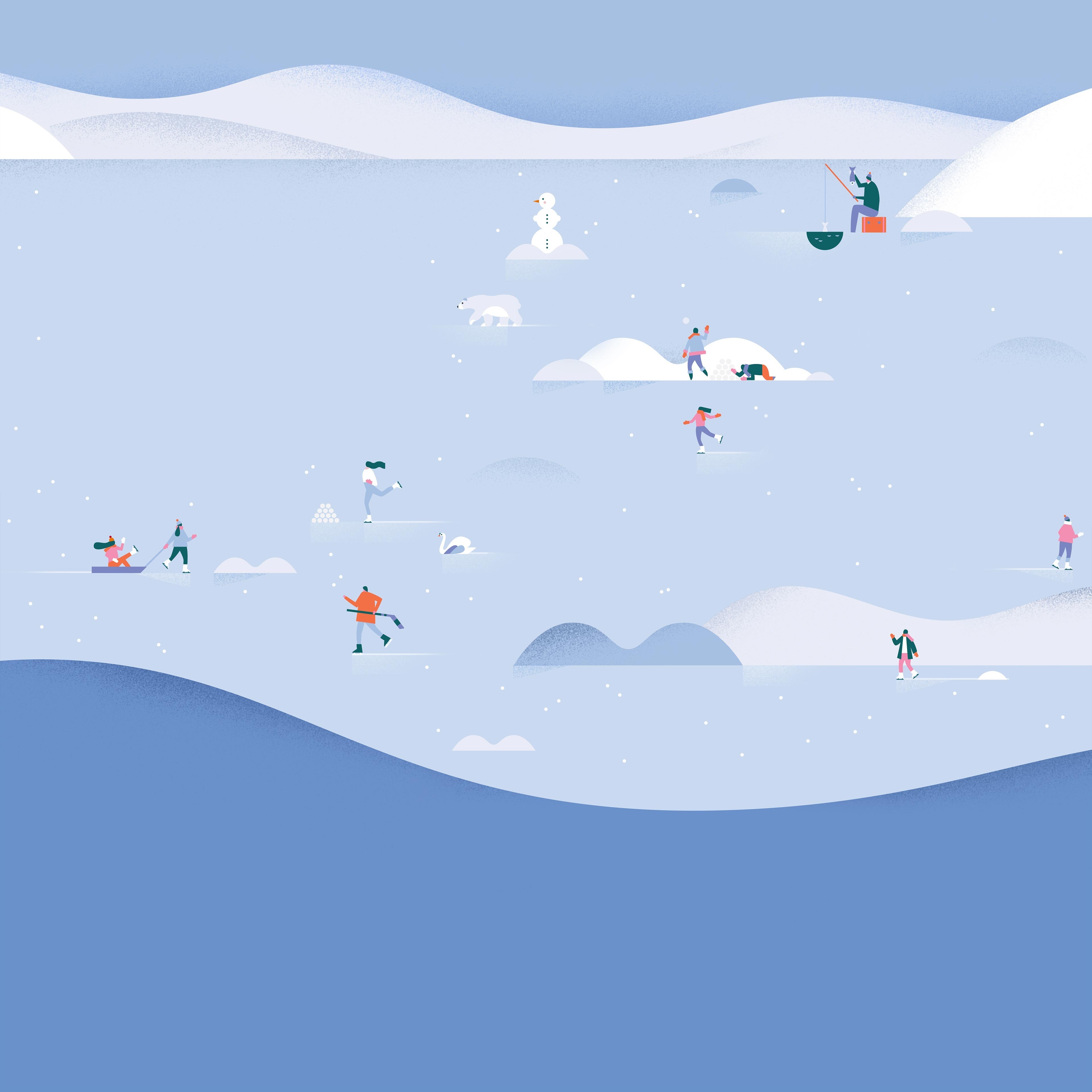 Winter scene with people ice skating and playing HD Wallpaper