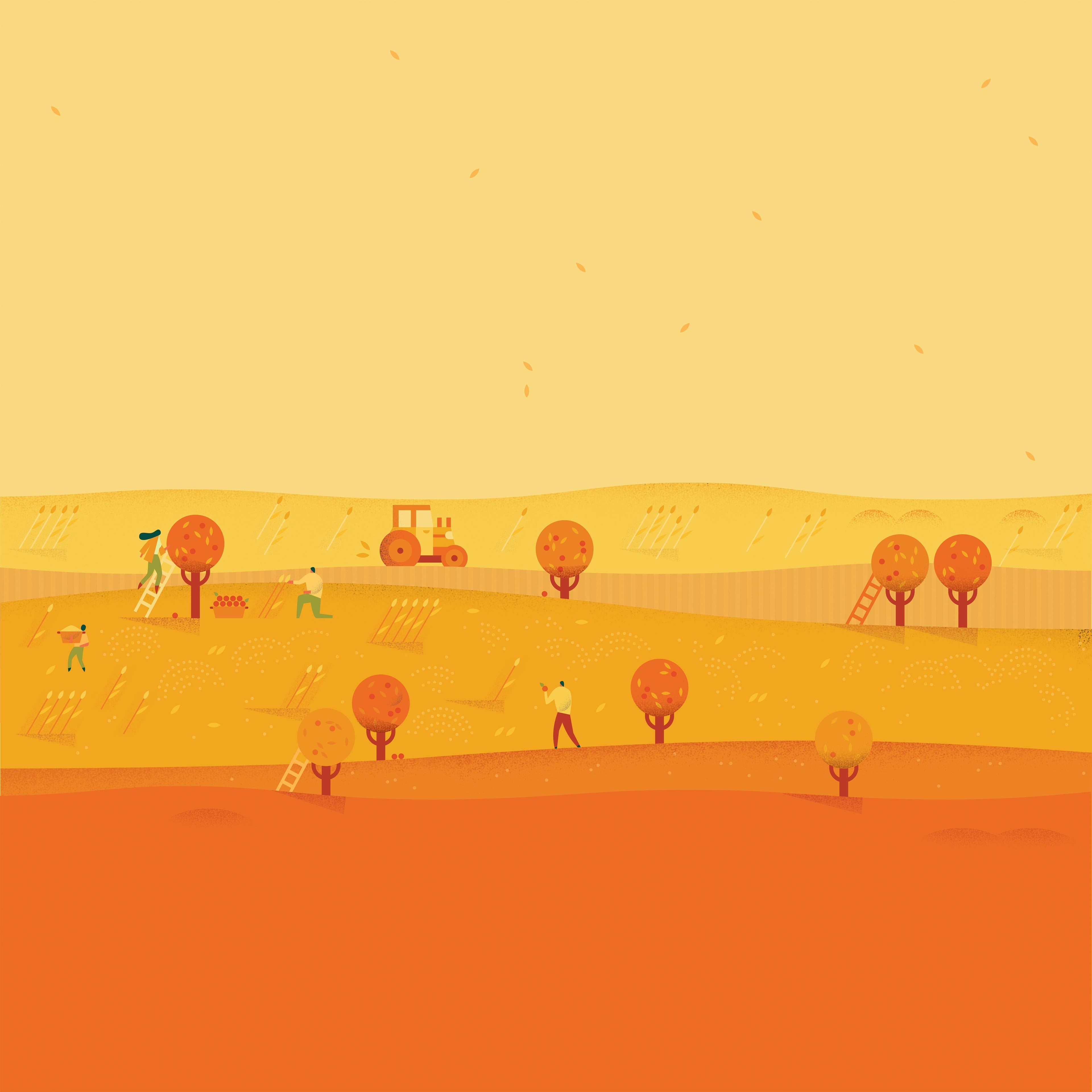 Illustration of a harvest scene with a tractor and farmers HD Wallpaper