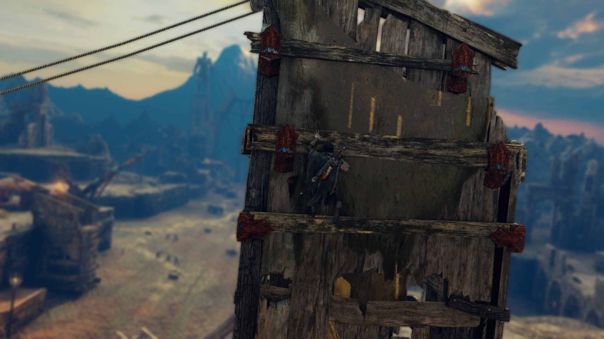 Talion climbing a wooden structure in Middle-earth: Shadow of Mordor HD Wallpaper