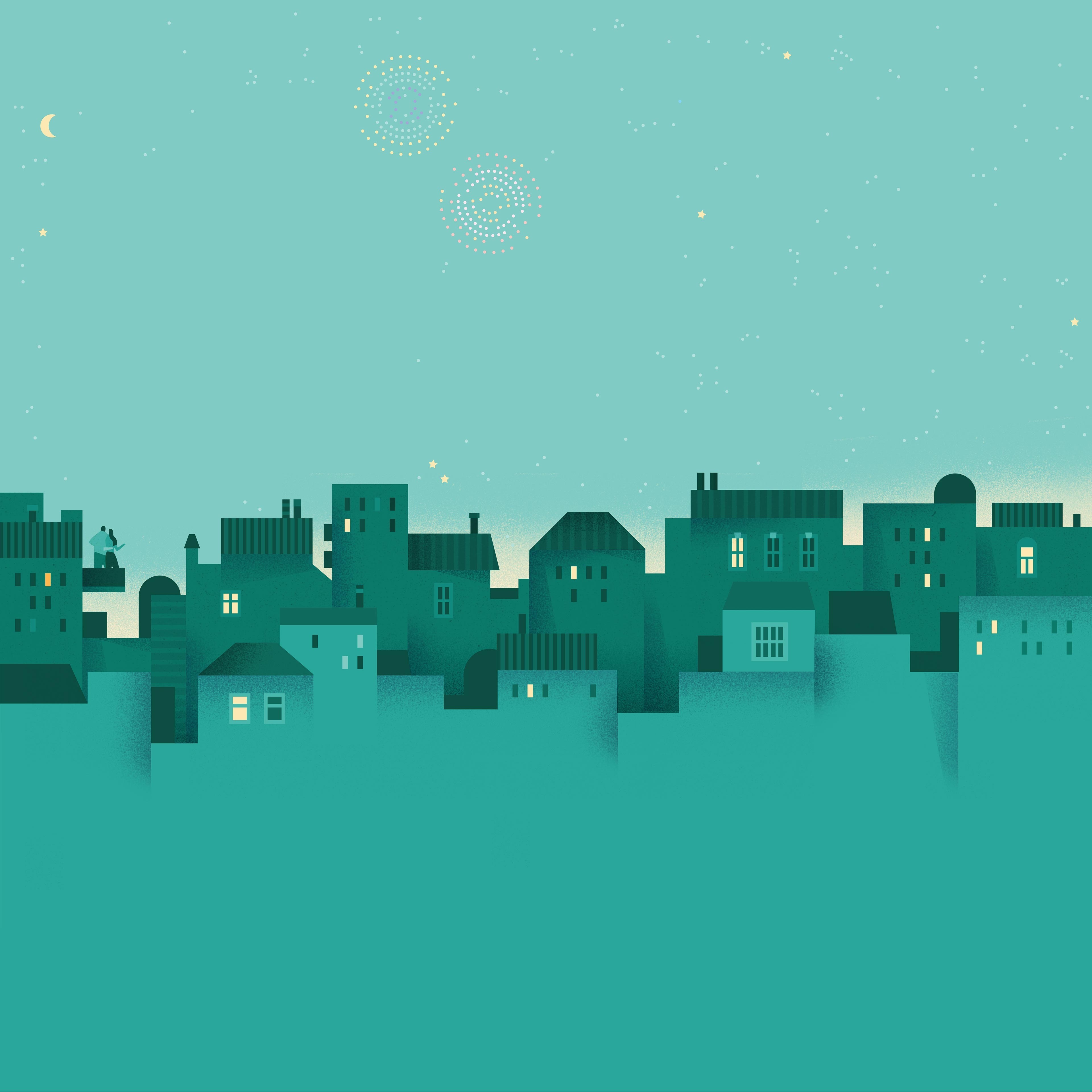 Stylized cityscape at night with fireworks and a crescent moon HD Wallpaper
