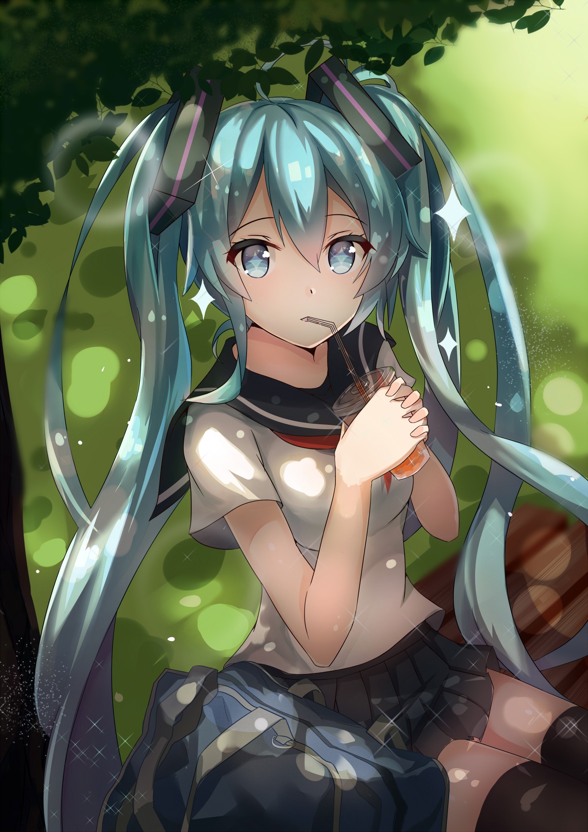 Hatsune Miku drinking from a cup in a park HD Wallpaper