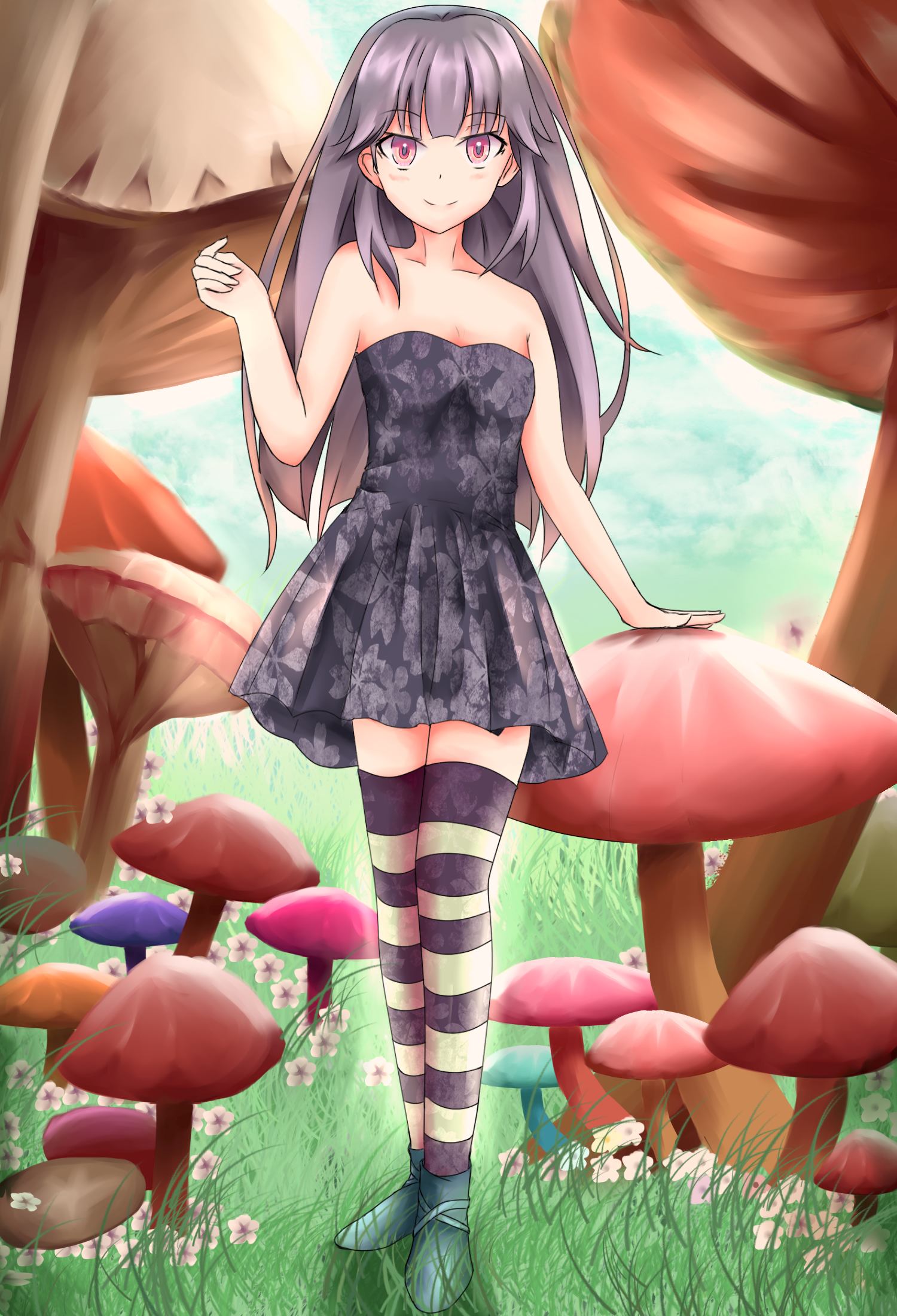 Anime girl in a dark floral dress in a mushroom forest HD Wallpaper