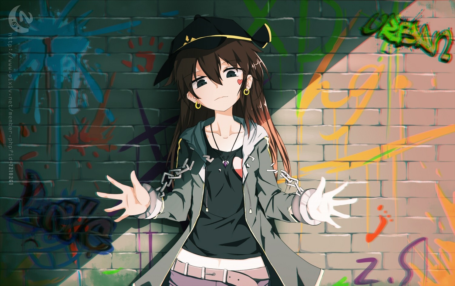 Anime girl with hat and chains in front of graffiti wall HD Wallpaper