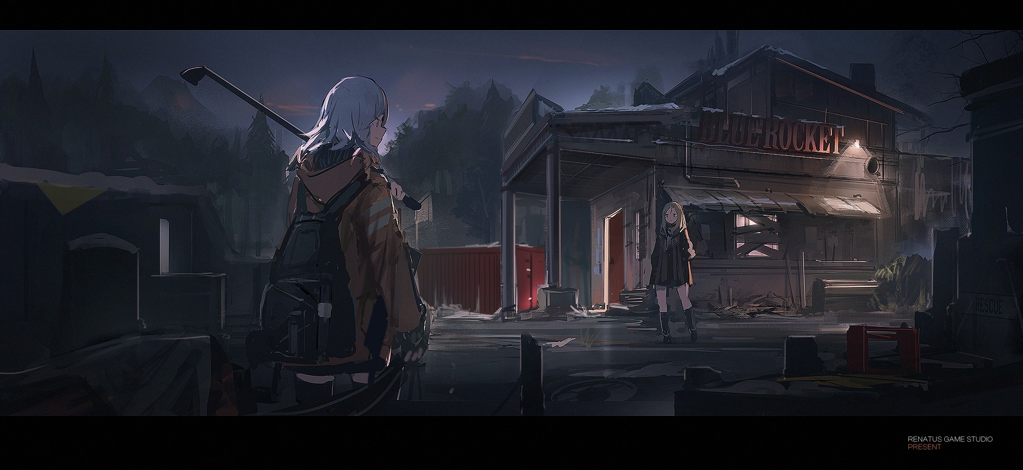Two anime girls in a post-apocalyptic town at night HD Wallpaper