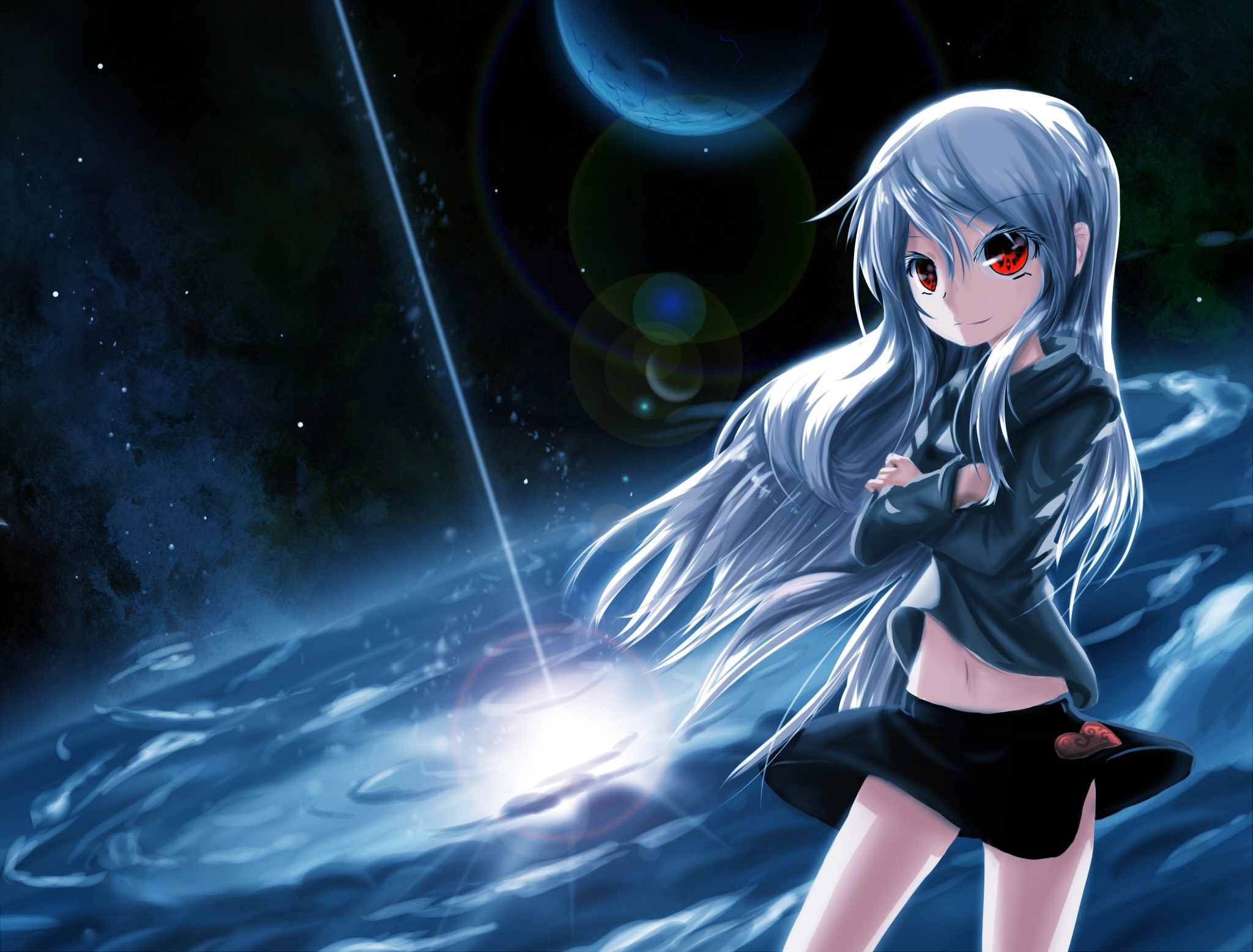 Anime girl with long white hair and red eyes in space HD Wallpaper