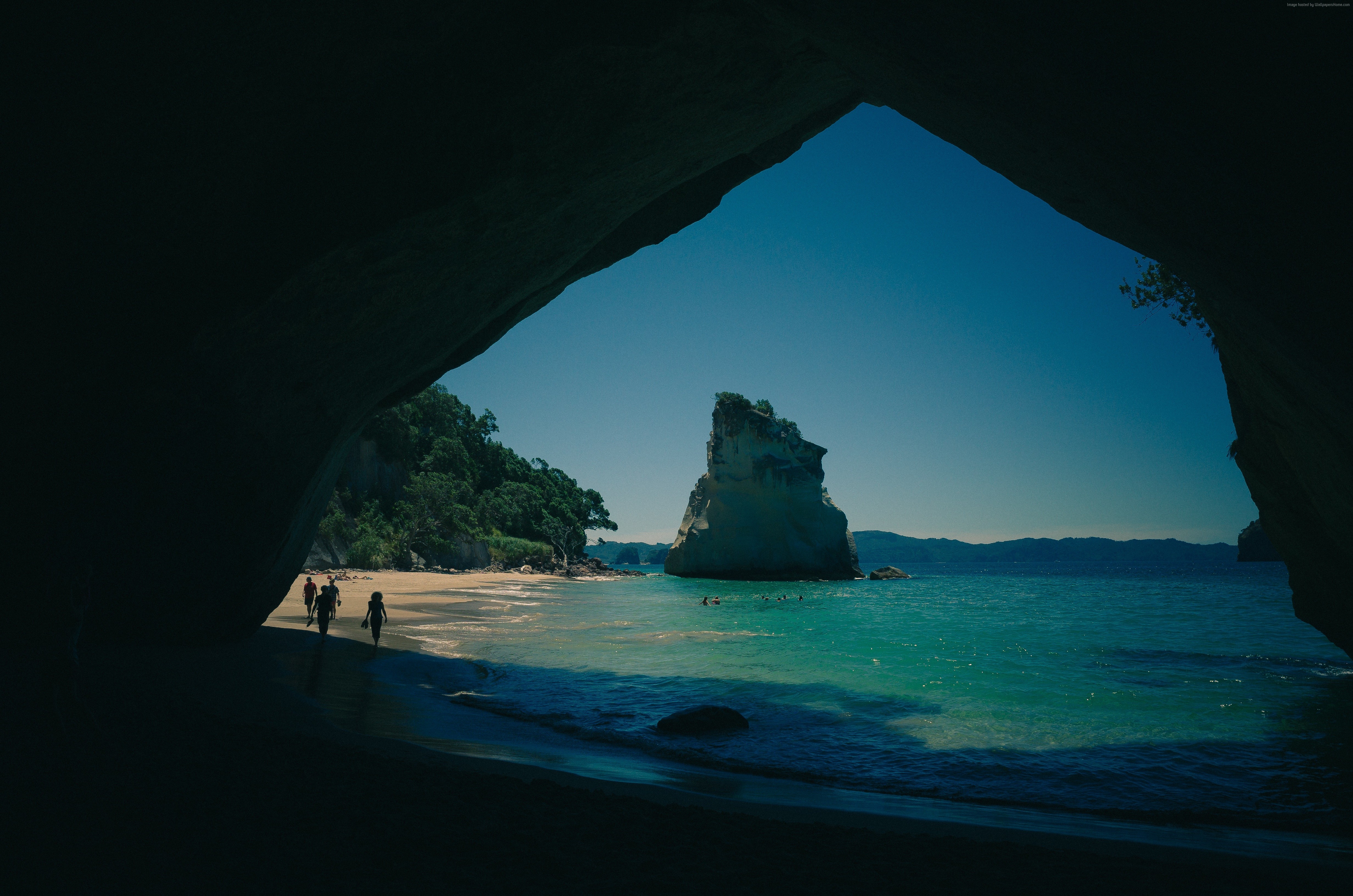 View of Cathedral Cove from a cave entrance HD Wallpaper