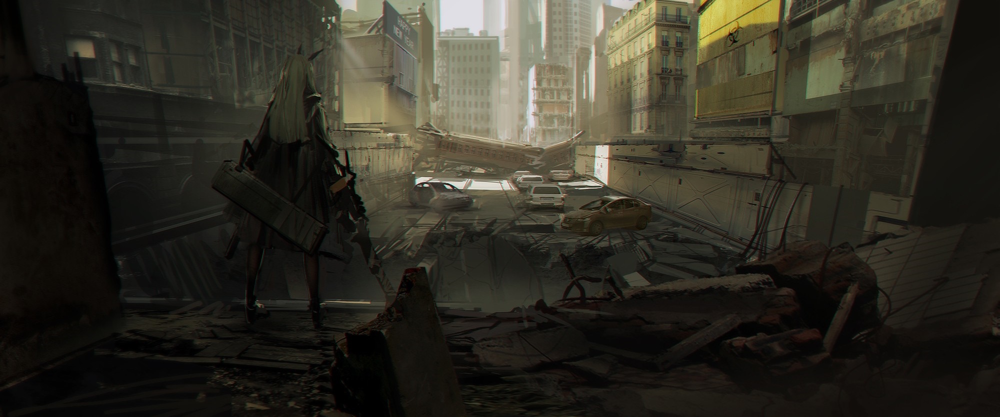 Anime girl with white hair in apocalyptic city HD Wallpaper