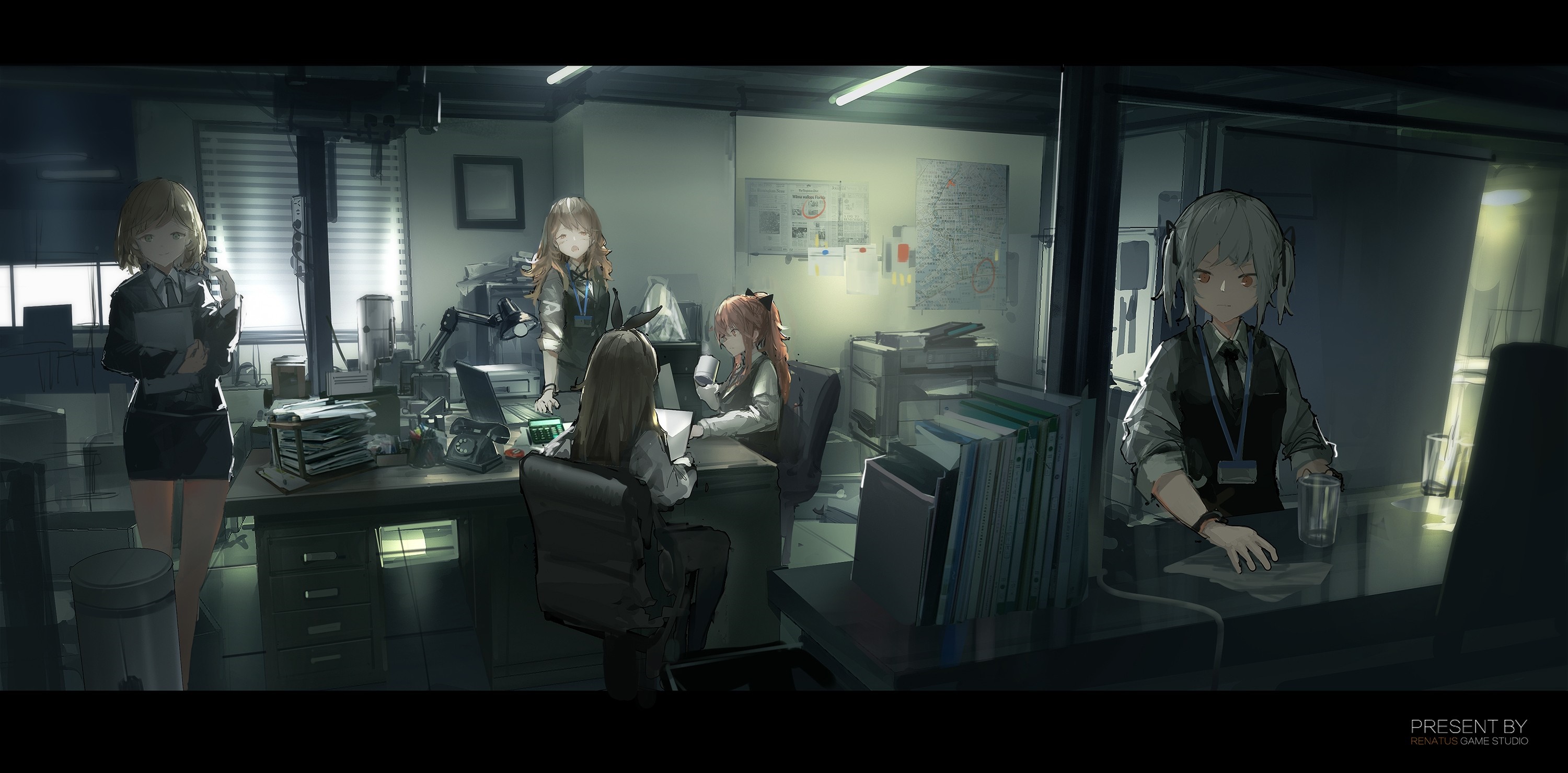 Anime girls working in an office HD Wallpaper
