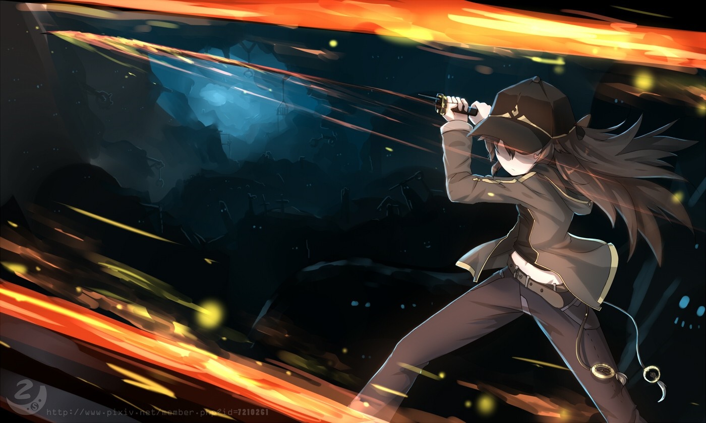 Anime girl with sword in a dark, fiery landscape HD Wallpaper